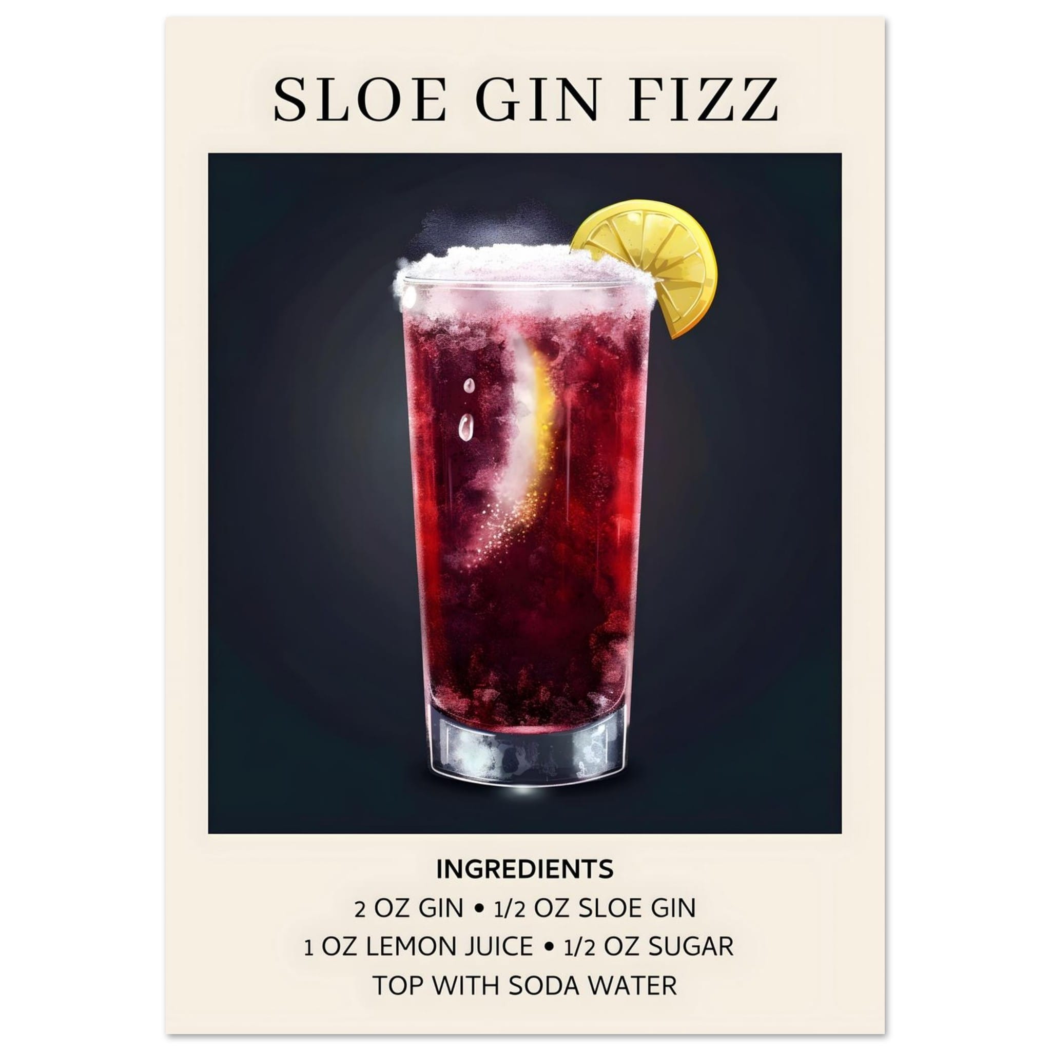 Artfulprints Poster Sloe Gin Fizz cocktail - Ingrediënten - A4 21x29.7