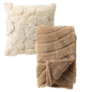 Dutch Decor set sierkussen en plaid – Pom en Leslie – Beige en wit Dutch Decor set sierkussen en plaid – Pom en Leslie – Beige en wit