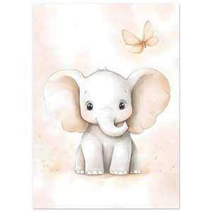 Artfulprints Poster Olifant met vlinder – 50×70 cm – Grijs