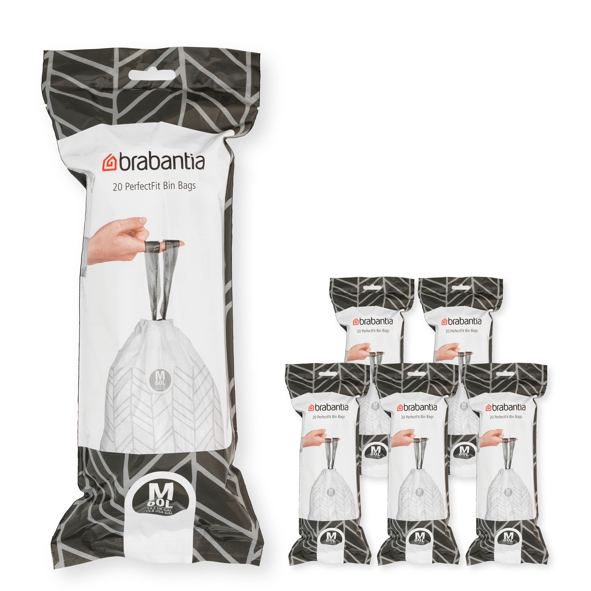 Brabantia PerfectFit Afvalzak, code M, 60 liter, 120 stuks, set van 6