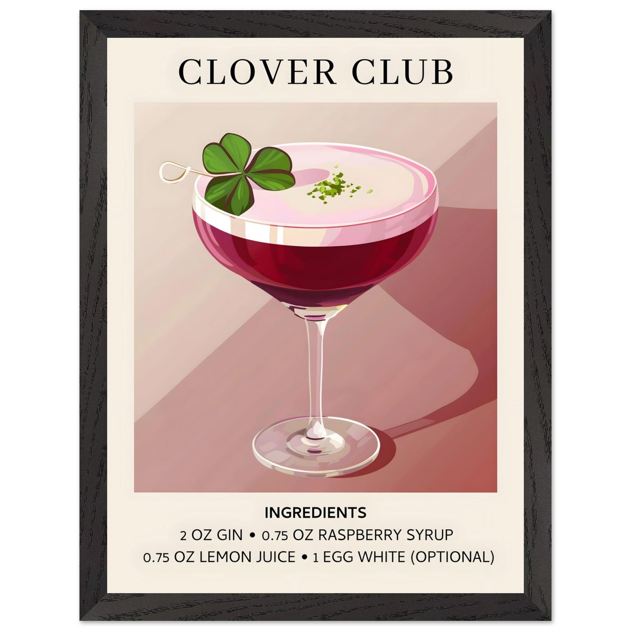Artfulprints Poster met Lijst Clover Club cocktail - Ingrediënten - 30