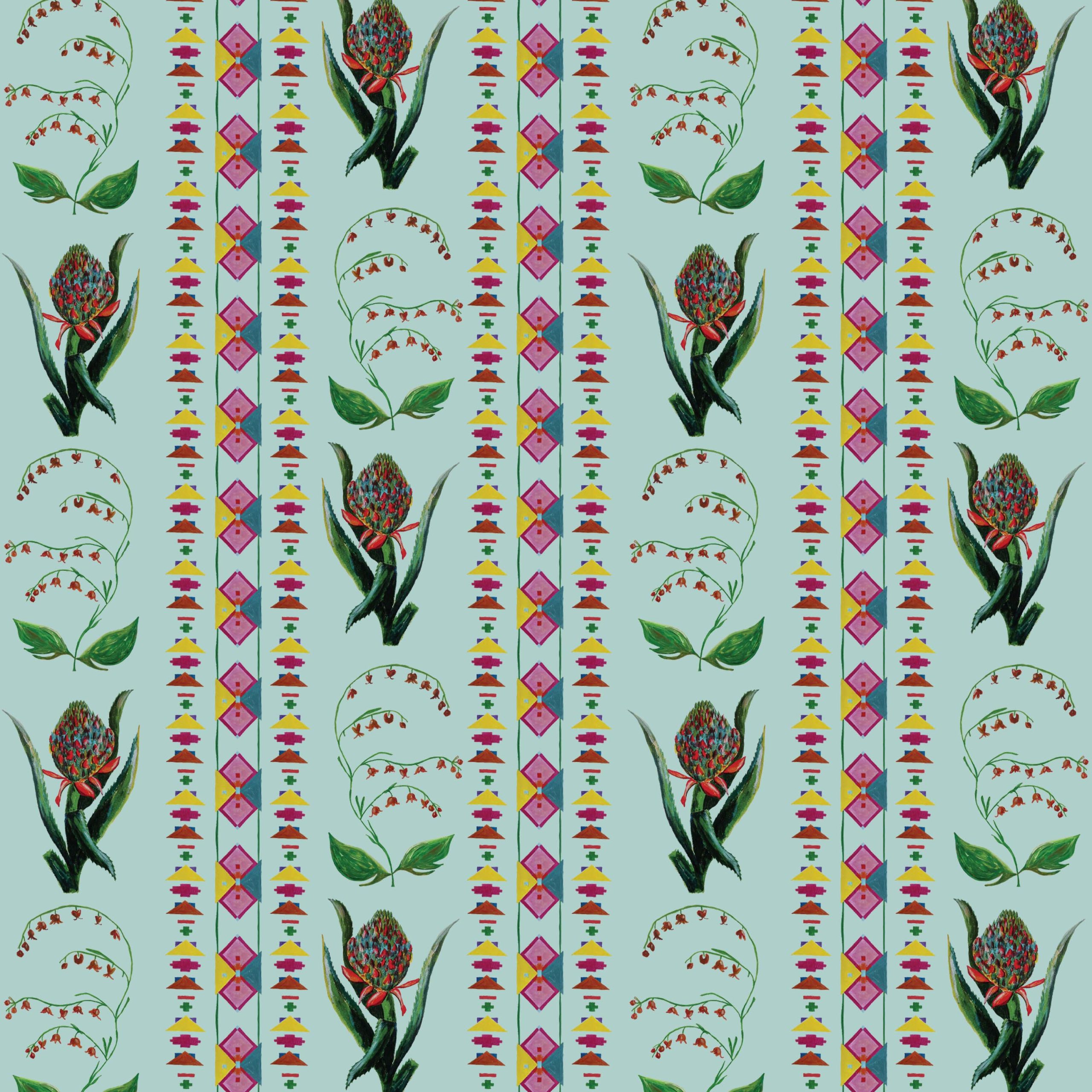 Catchii Behang Encanto Aztec Flowers pastel blue