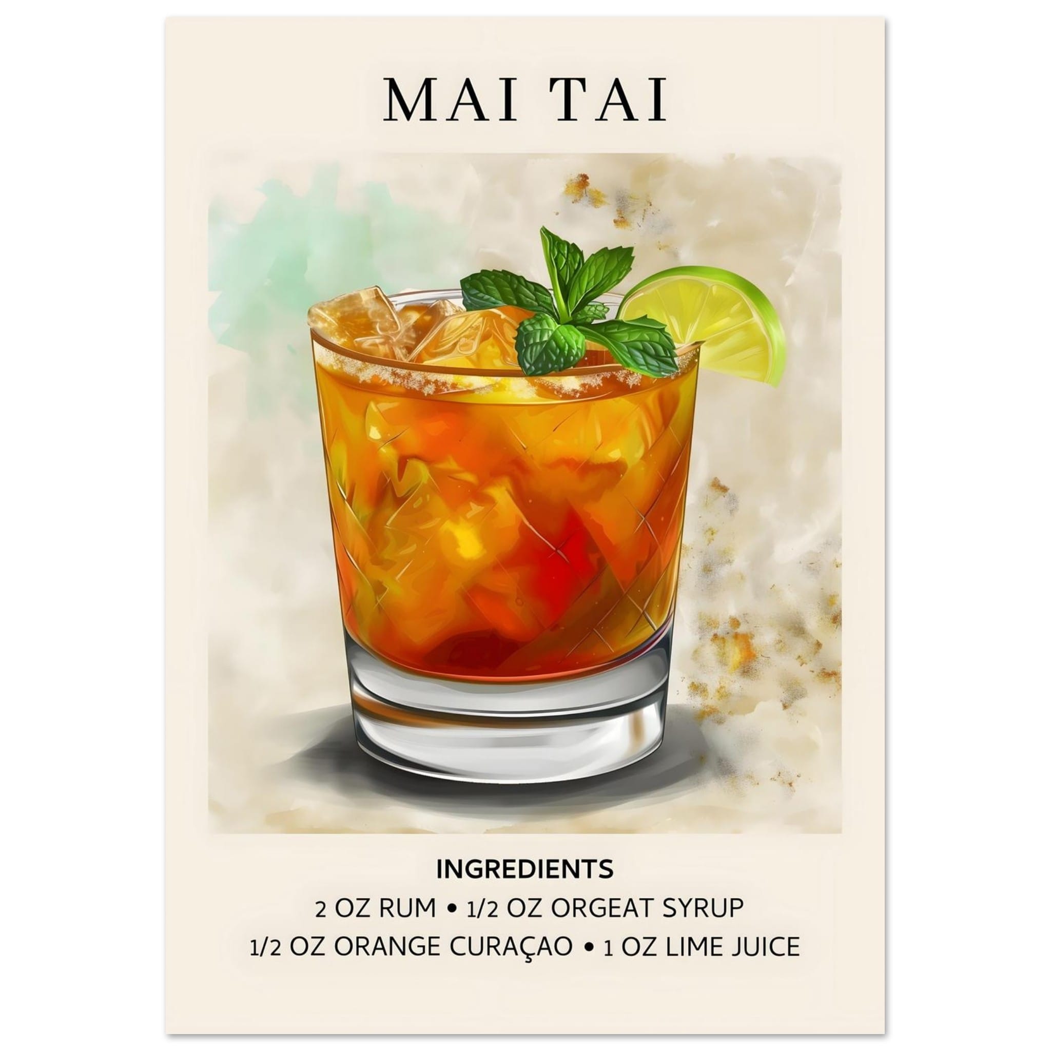 Artfulprints Poster Mai Tai Cocktail - Ingrediënten - A4 21x29.7 cm -