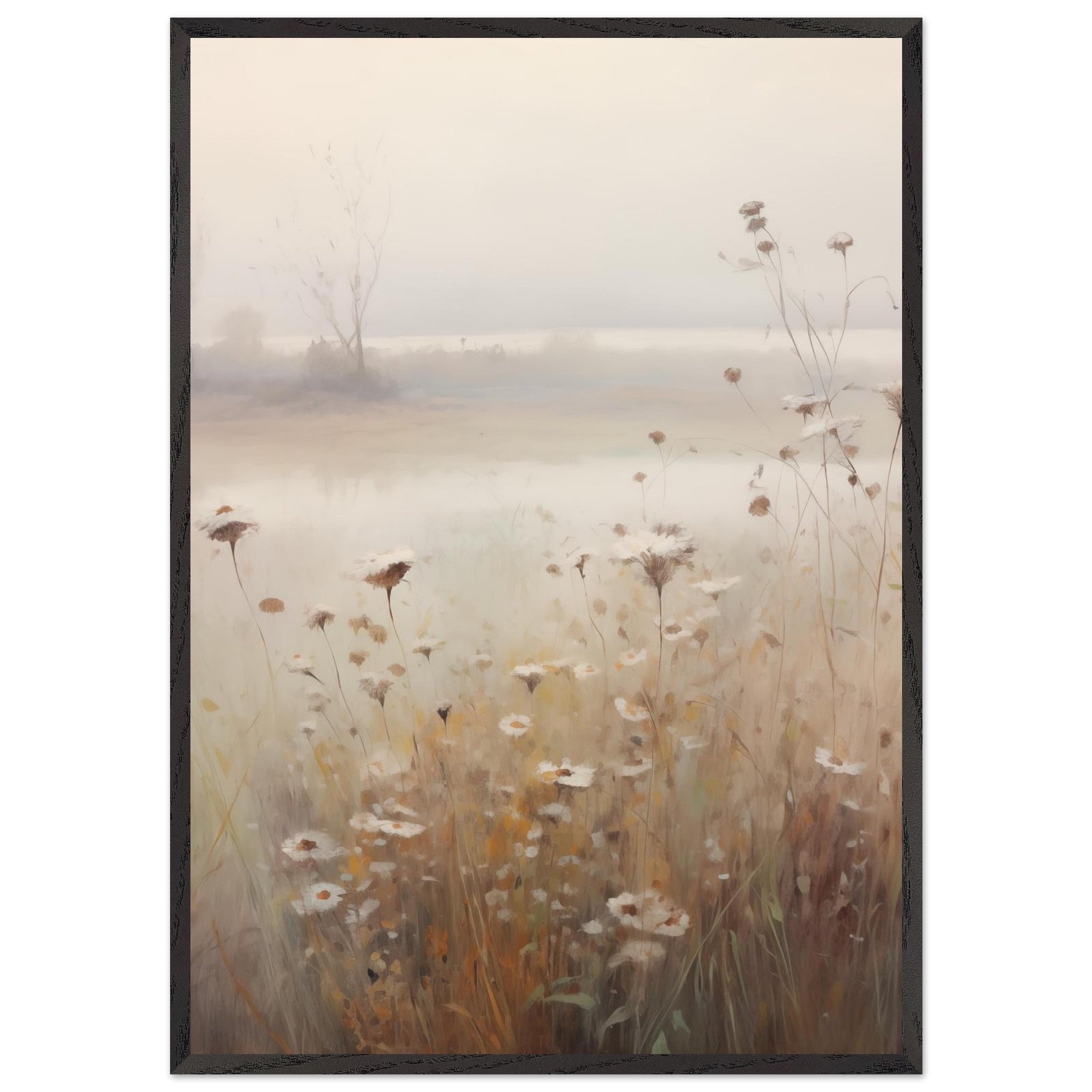 Artfulprints Poster met Lijst Foggy flowerfield 1 - 70x100 cm - Taupe
