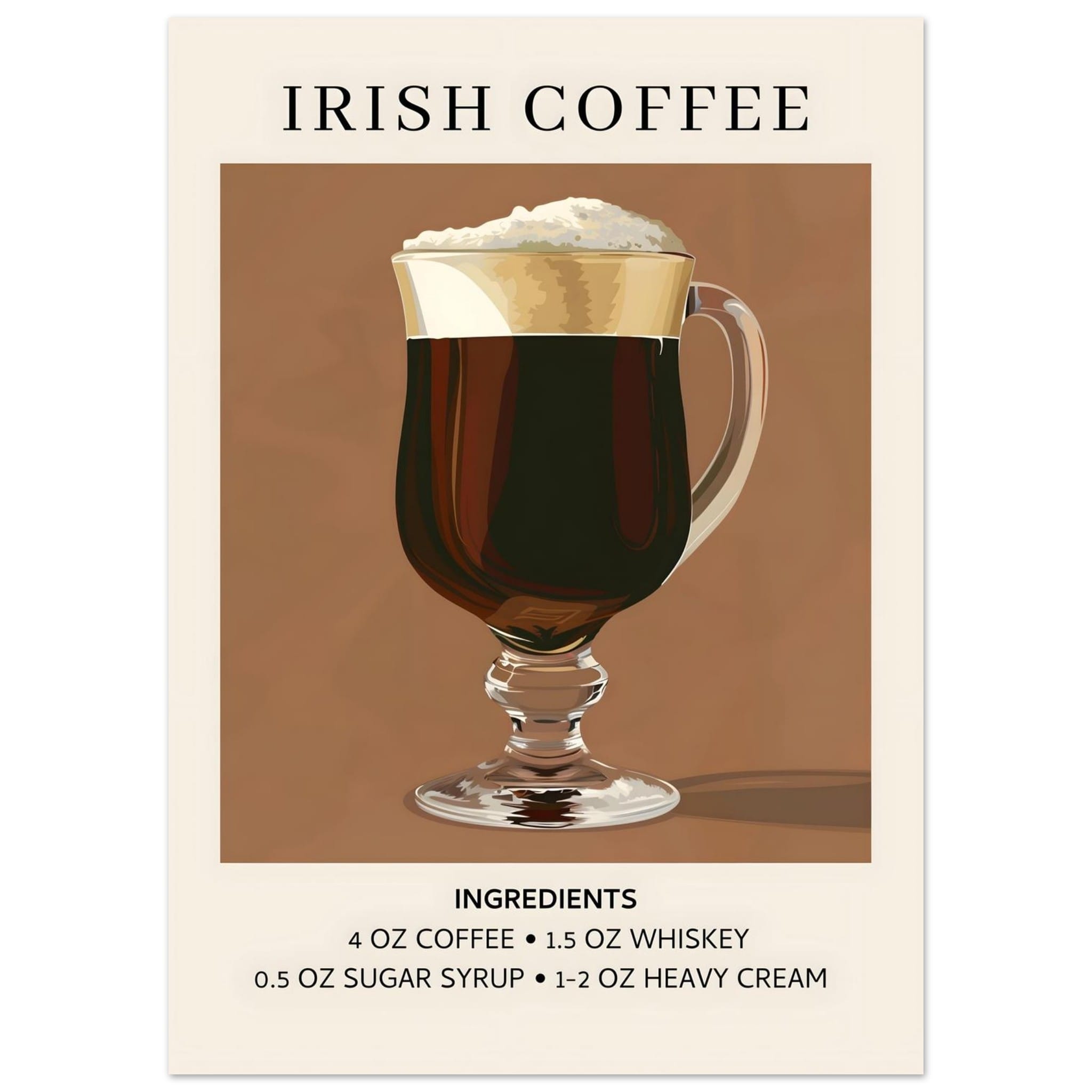 Artfulprints Poster Irish Coffee - Ingrediënten - 50x70 cm - Bruin