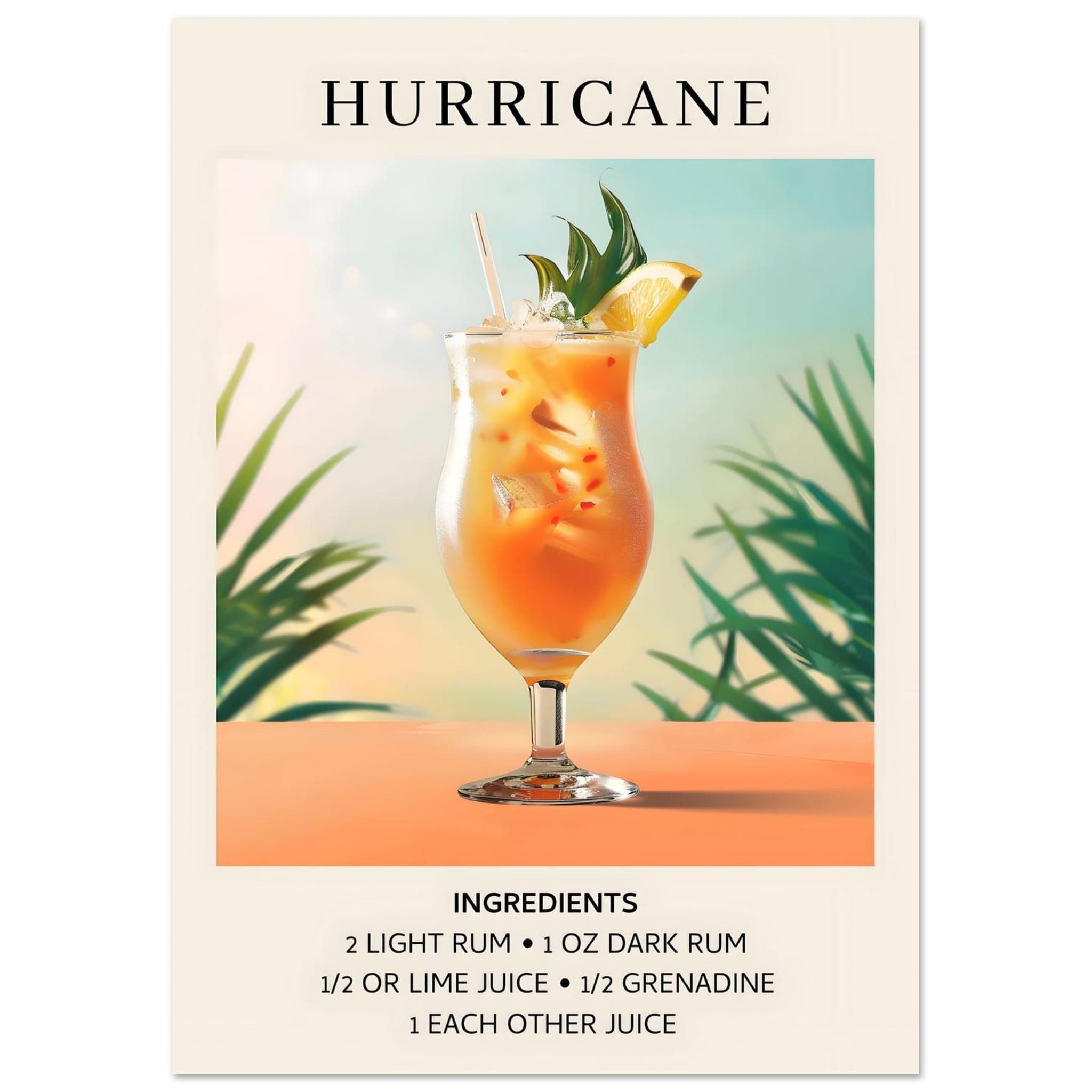 Artfulprints Poster Hurricane cocktail - Ingrediënten - A4 21x29.7 cm