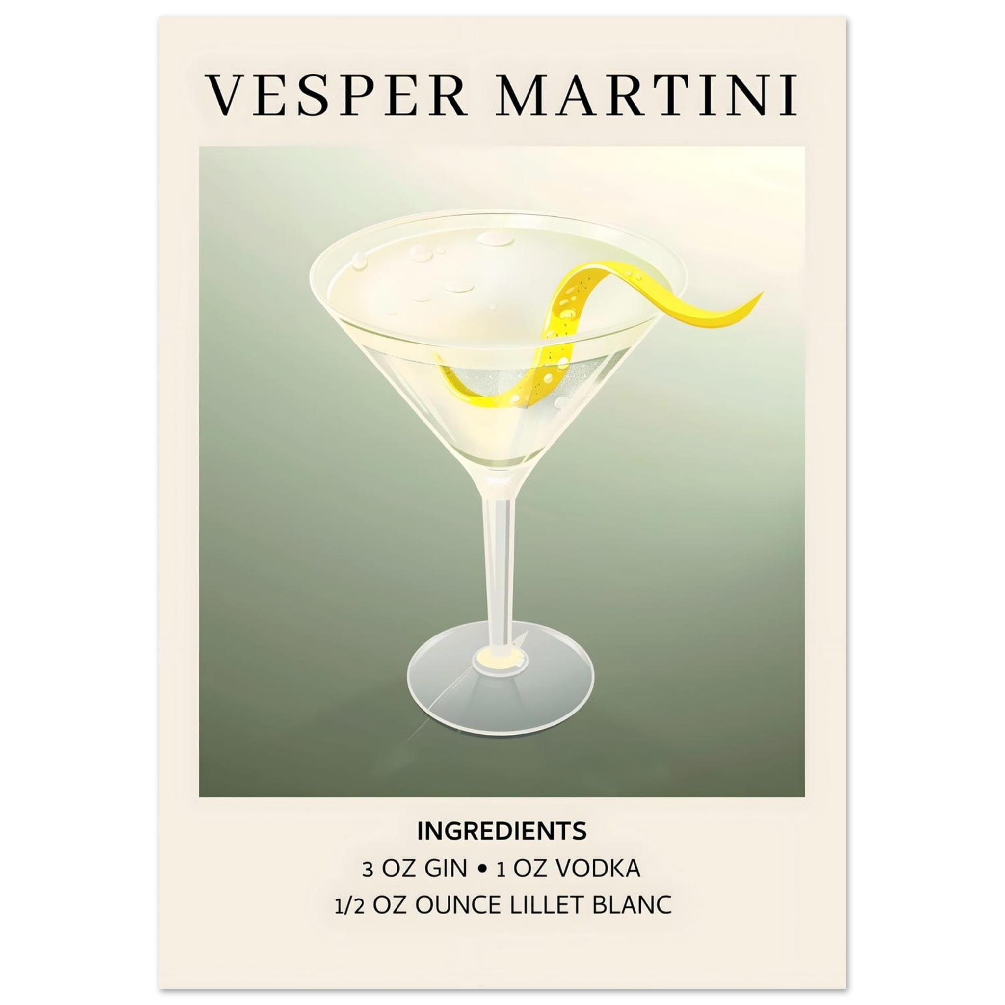 Artfulprints Poster Vesper Martini cocktail - Ingrediënten - A4 21x29.