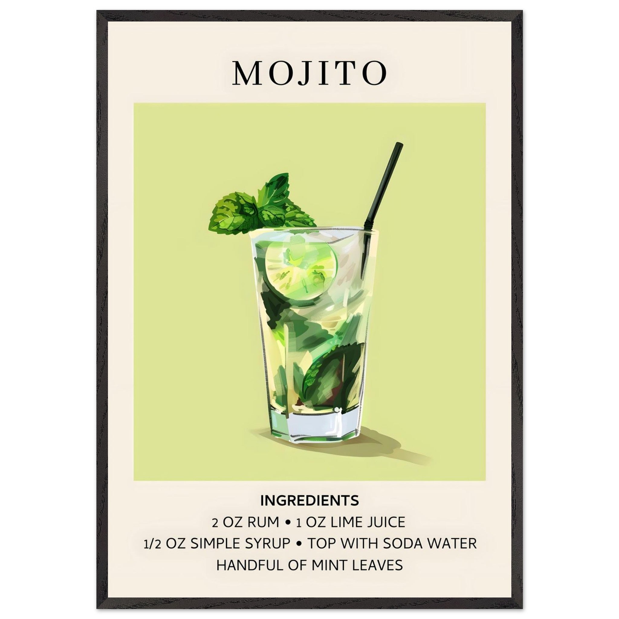 Artfulprints Poster met Lijst Mojito cocktail - Ingrediënten - 70x100