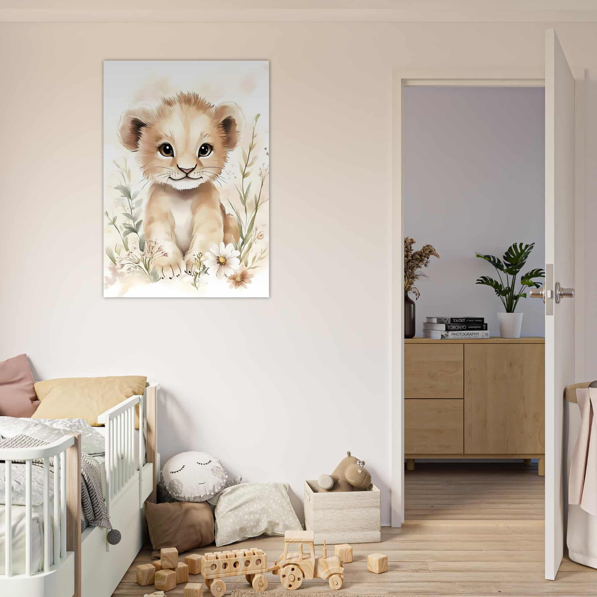 Artfulprints Poster Leeuwtje in bloemenweide - 70x100 cm - Bruin