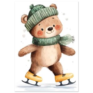 Artfulprints Poster Schaatsende beer – A4 21×29.7 cm – Bruin