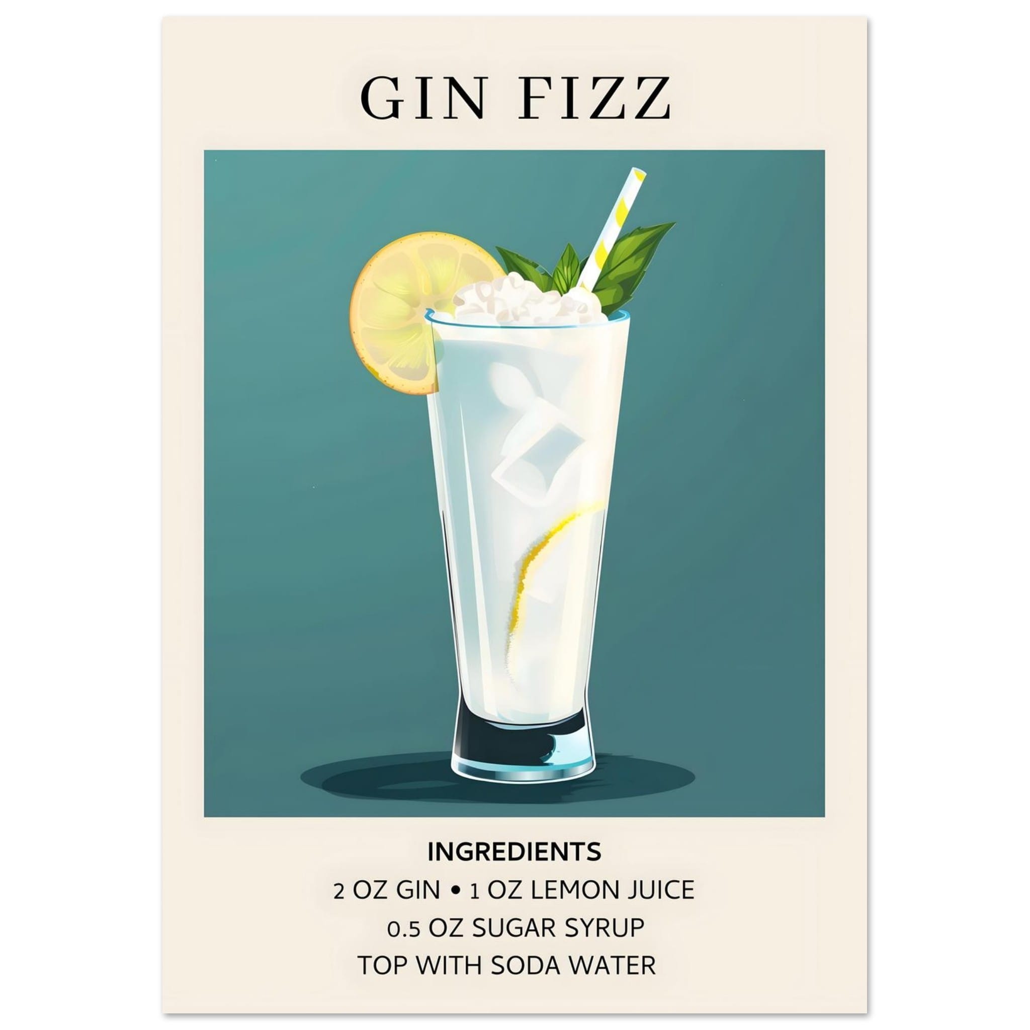 Artfulprints Poster Gin Fizz cocktail - Ingrediënten - A4 21x29.7 cm -