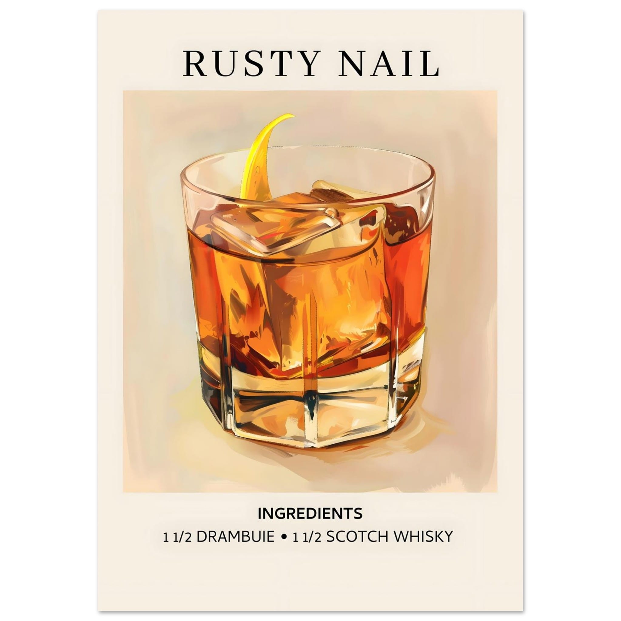 Artfulprints Poster Rusty Nail cocktail - Ingredients - A4 21x29.7 cm