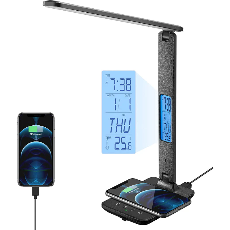 BrightDesk – LED Bureau Lamp Met Draadloze Oplader, USB-Port & LCD Klok