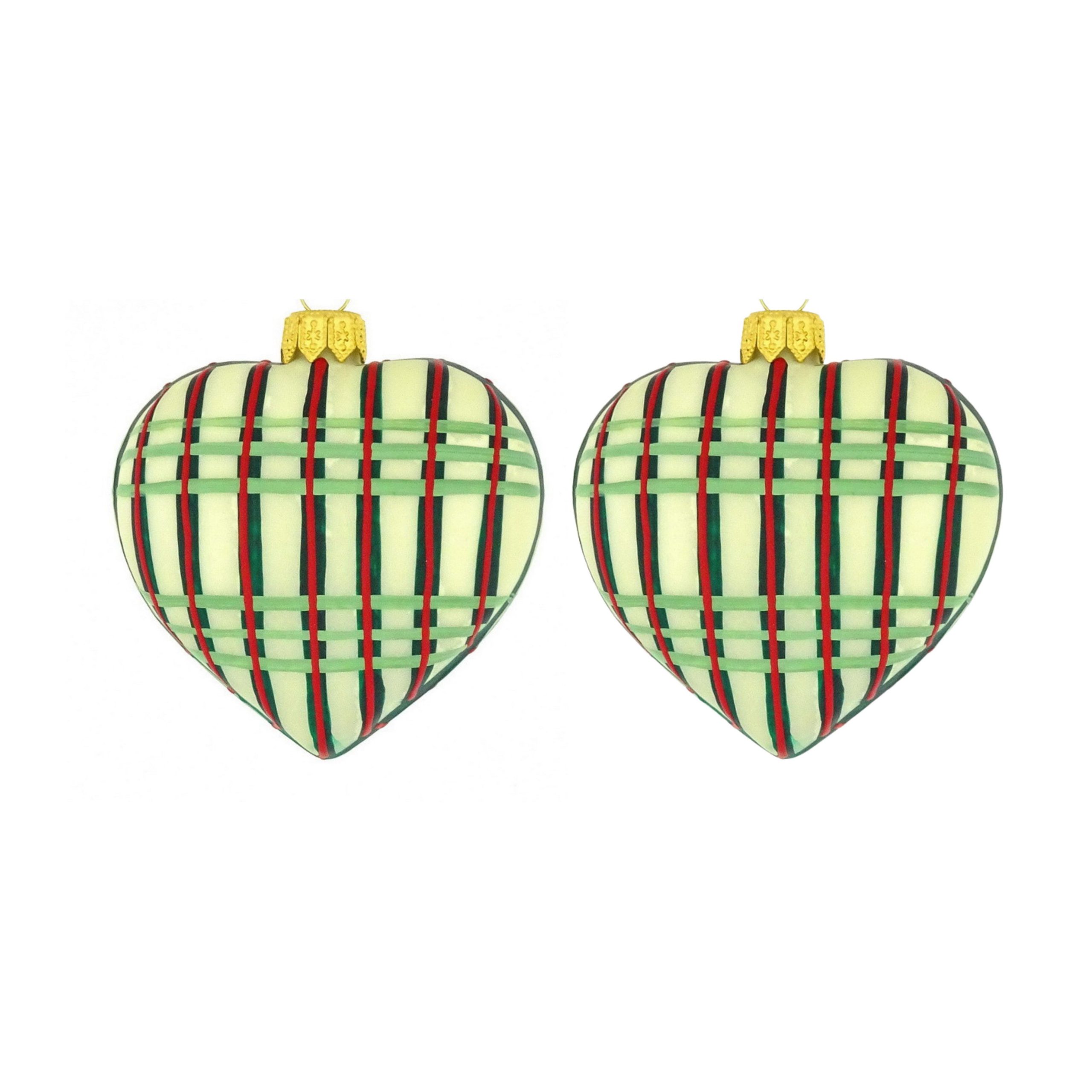 Dagmara kerstdecoratie – hartvorm – glas – set van 2 – met geruit patr