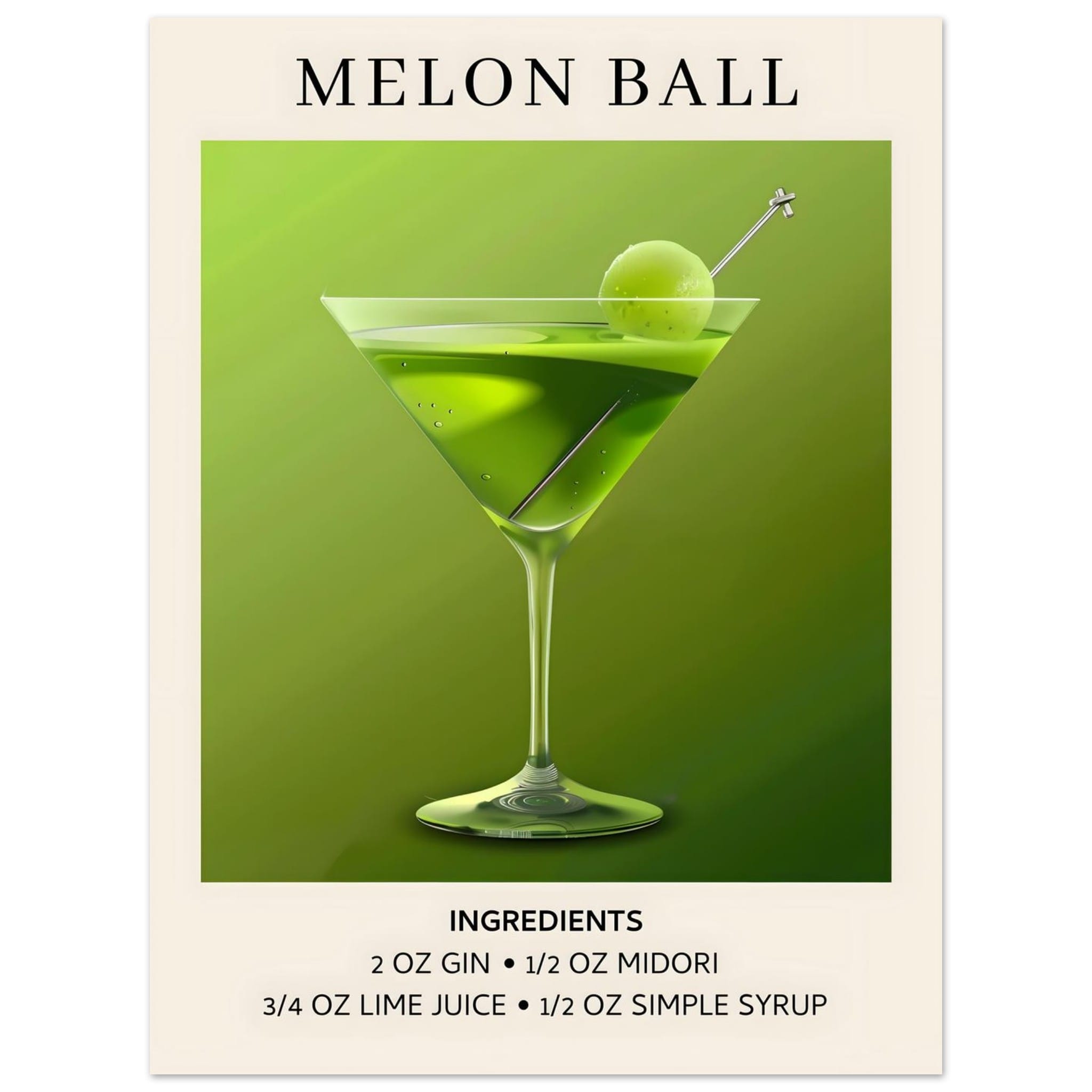 Artfulprints Poster Melon Ball cocktail - Ingrediënten - 30x40 cm - Gr