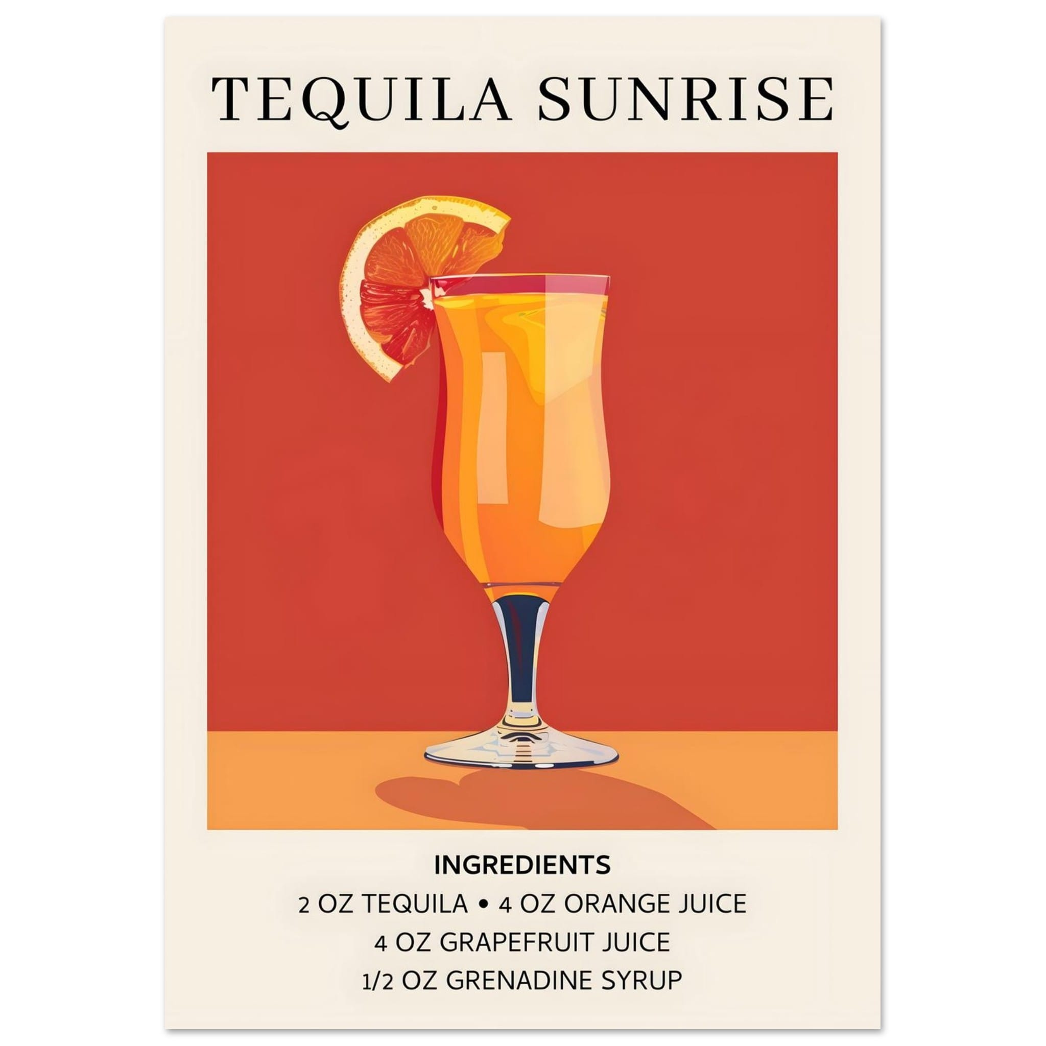 Artfulprints Poster Tequila Sunrise cocktail - Ingrediënten - A4 21x29