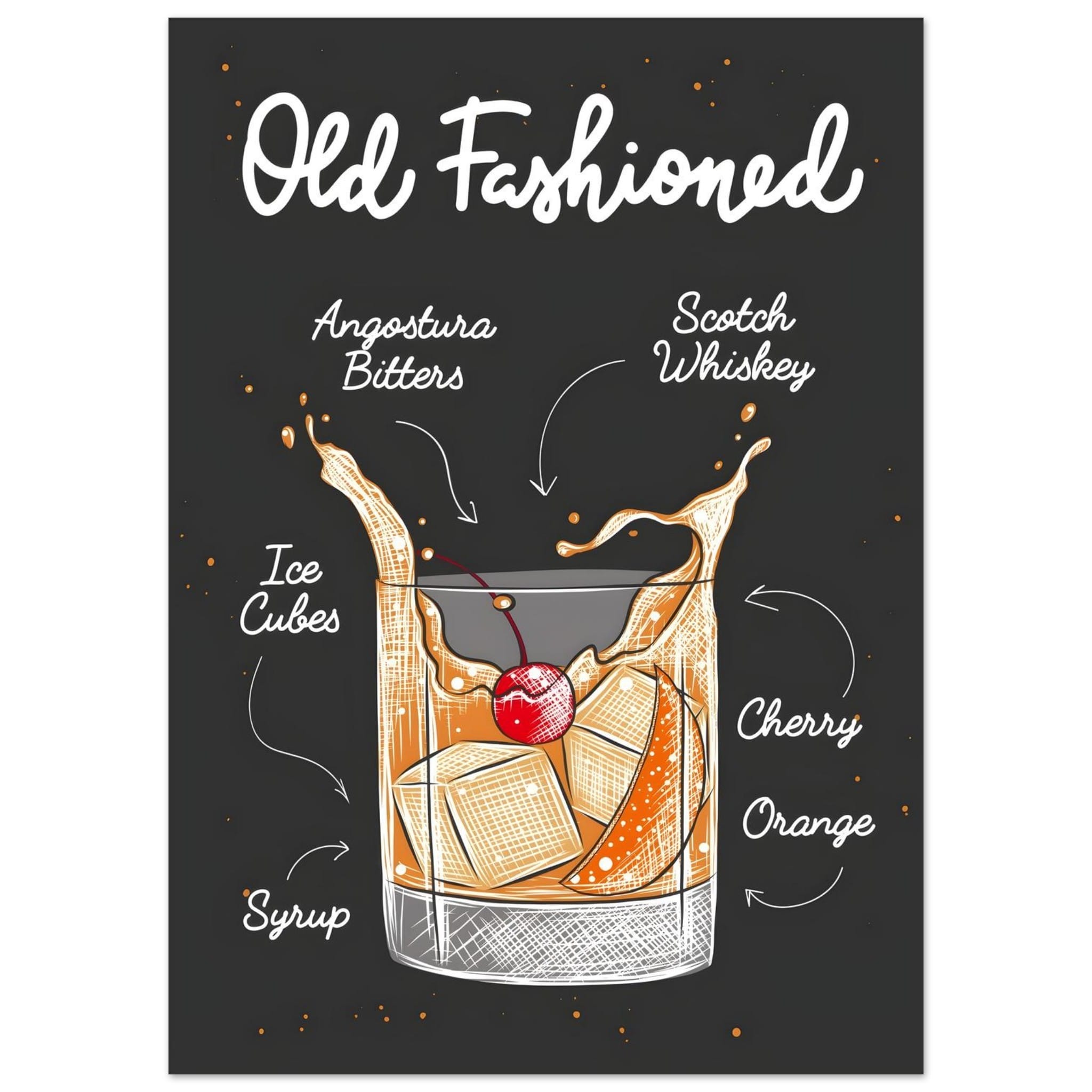 Artfulprints Old Fashioned cocktail II – Illustratie poster 50x70 cm