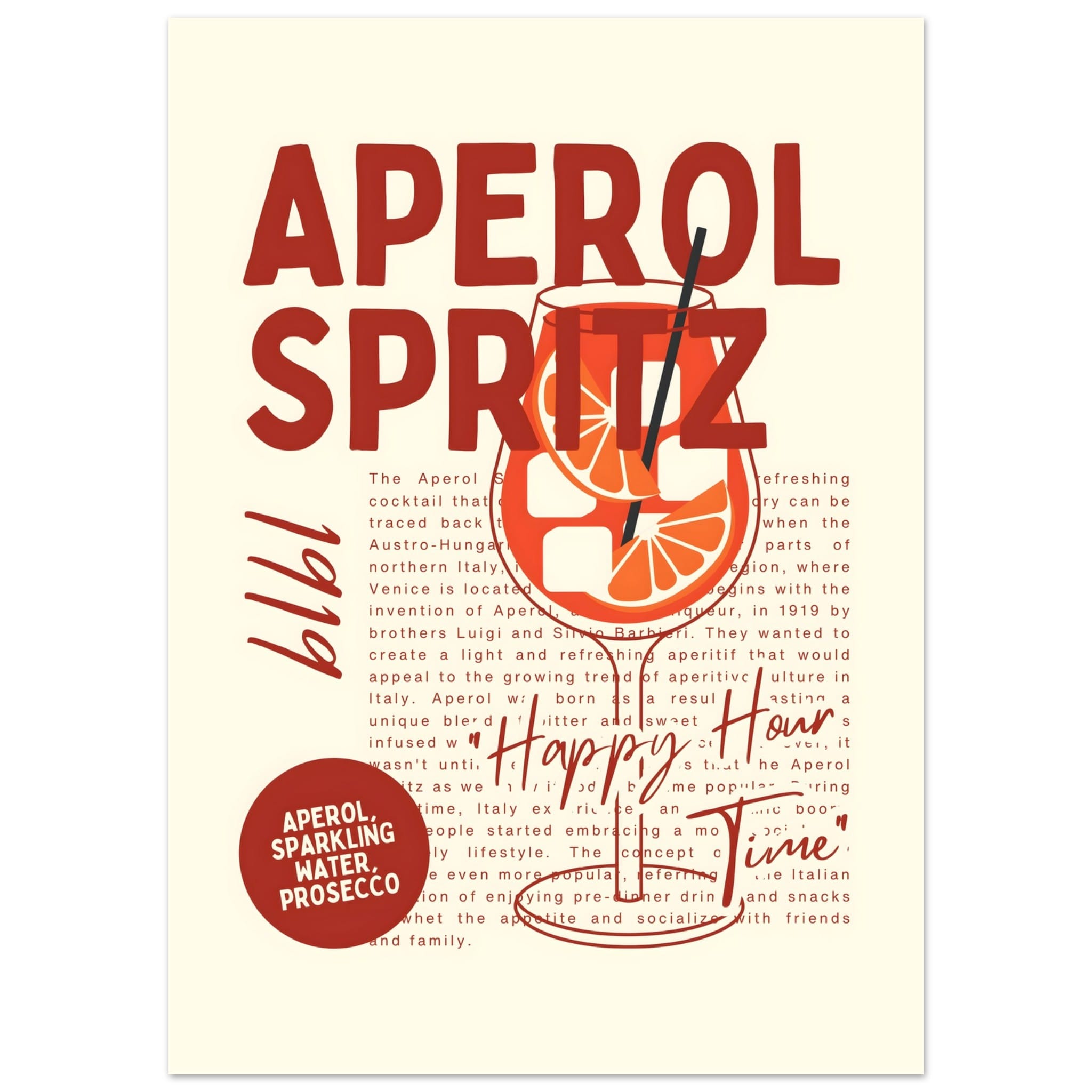 Artfulprints Poster Aperol Spritz - Happy hour - 50x70 cm - Rood