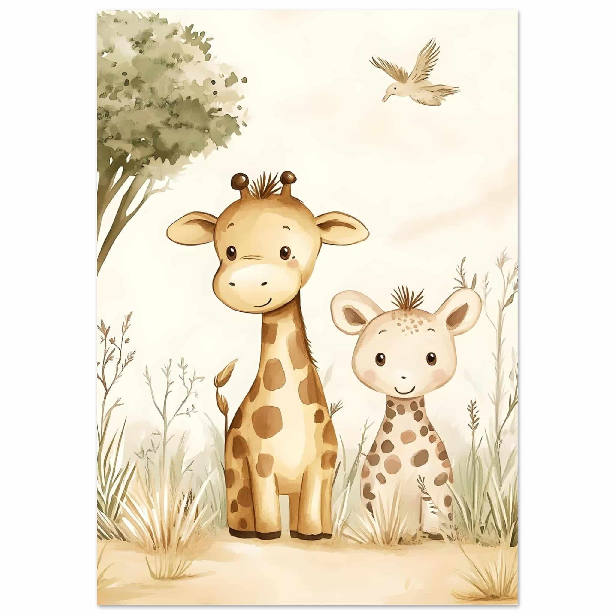 Artfulprints Poster Liefdevolle giraffen - A4 21x29.7 cm - Geel