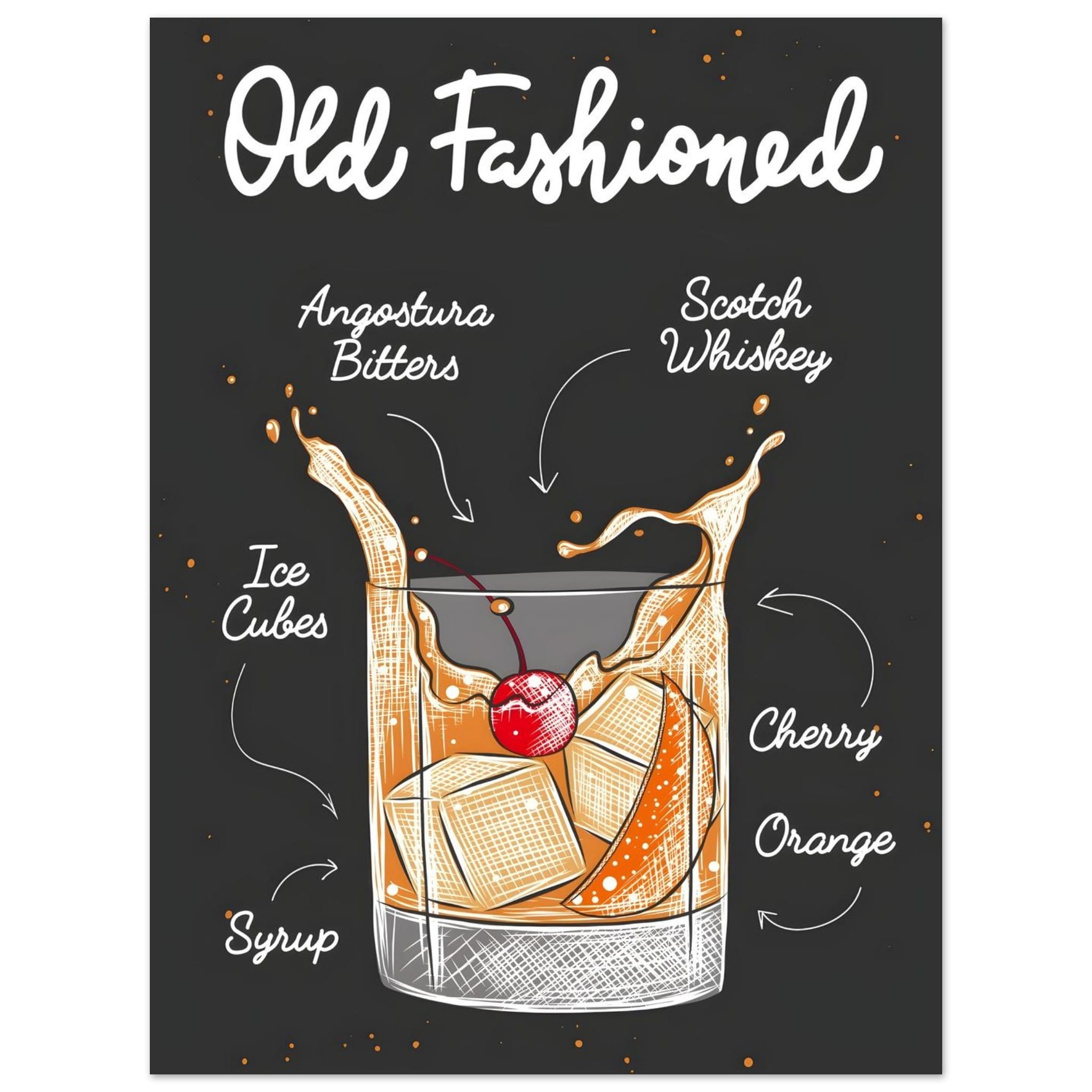 Artfulprints Old Fashioned cocktail II – Illustratie poster 30x40 cm