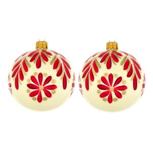 Dagmara kerstbal – glas – set van 2 – met rode florale motieven Dagmara kerstbal – glas – set van 2 – met rode florale motieven