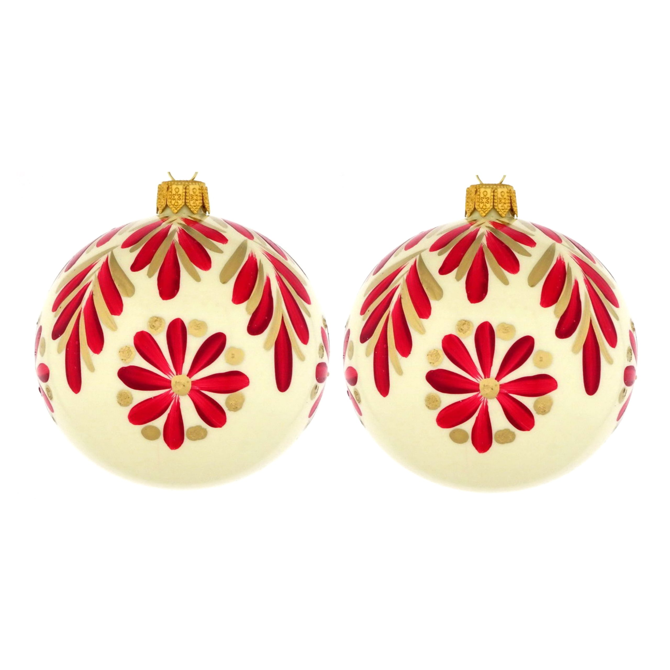 Dagmara kerstbal – glas – set van 2 – met rode florale motieven