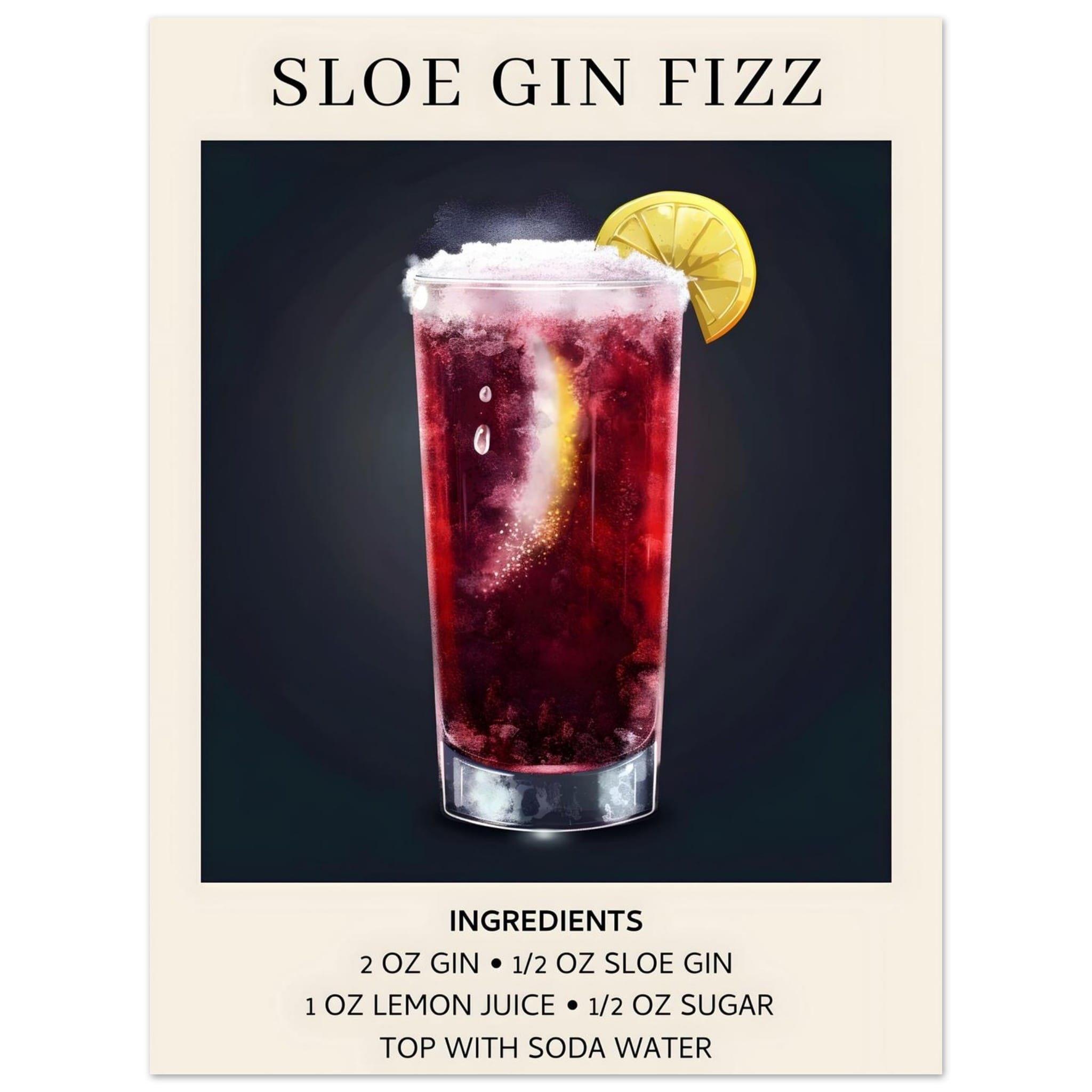 Artfulprints Poster Sloe Gin Fizz cocktail - Ingrediënten - 30x40 cm -
