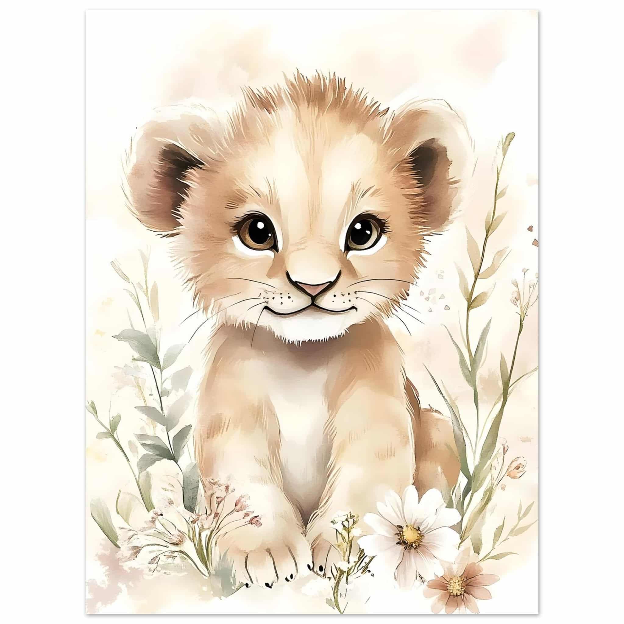 Artfulprints Poster Leeuwtje in bloemenweide - 30x40 cm - Bruin