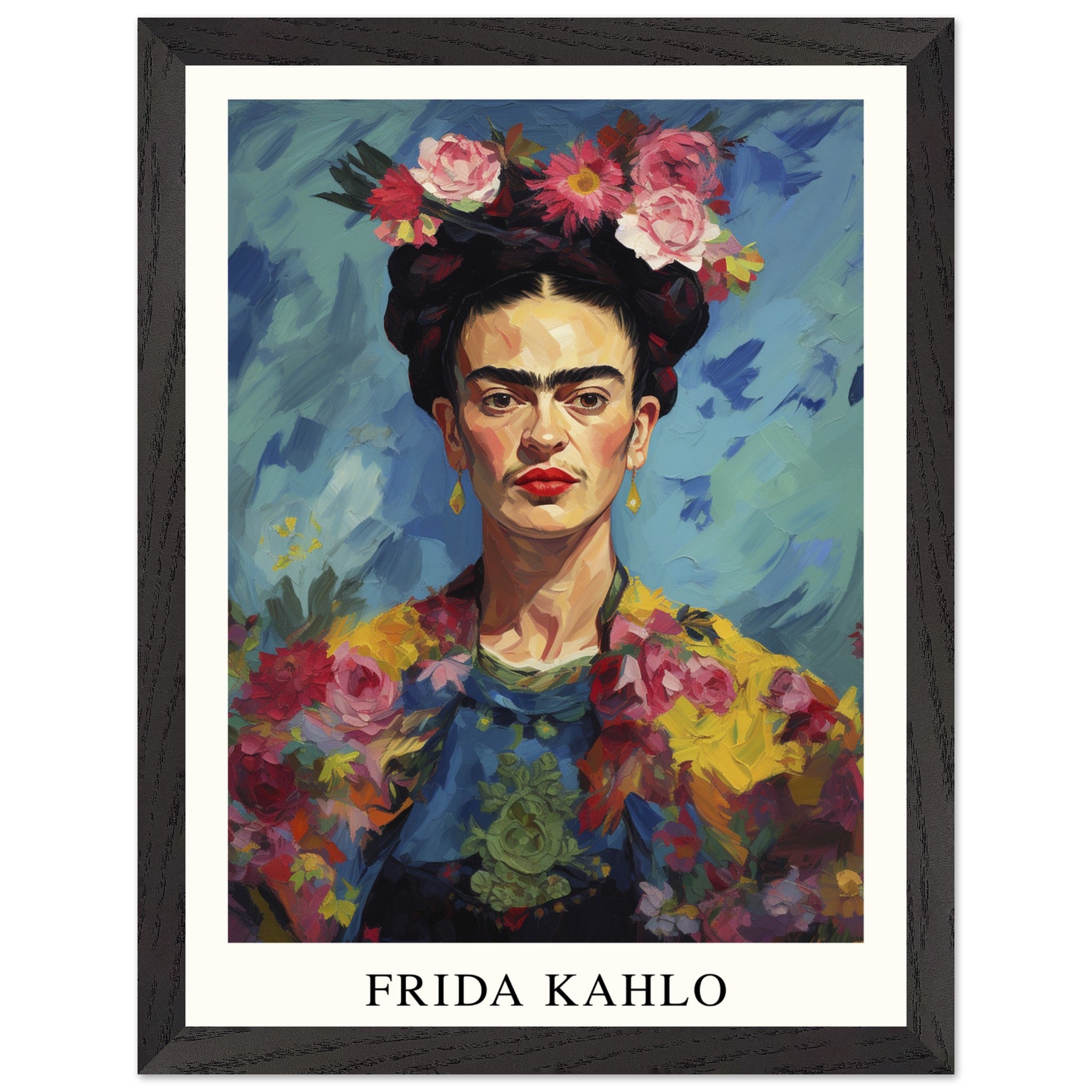 Artfulprints Poster met Lijst Frida Kahlo - Painted floral portrait -