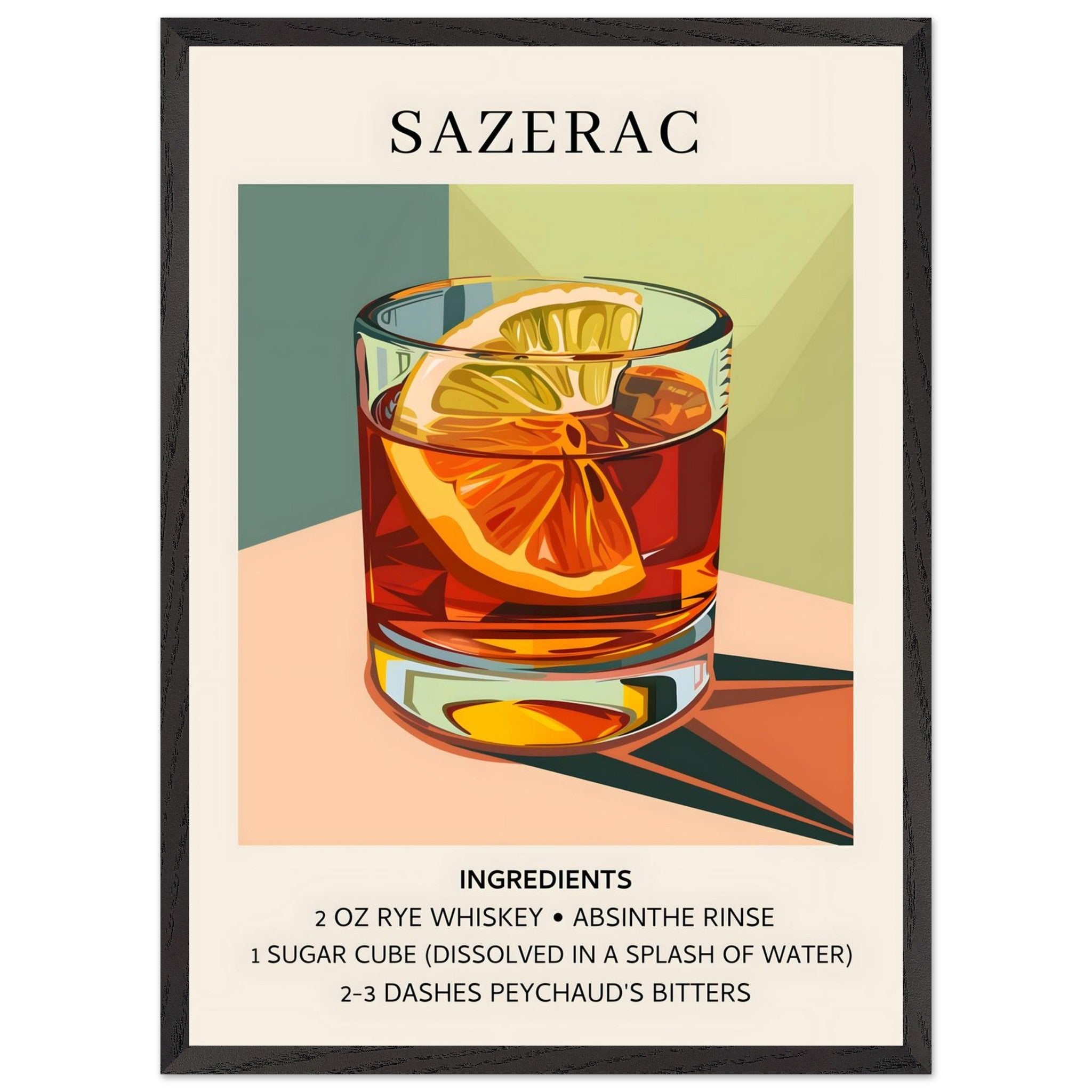 Artfulprints Poster met Lijst Sazerac cocktail - Ingrediënten - 50x70