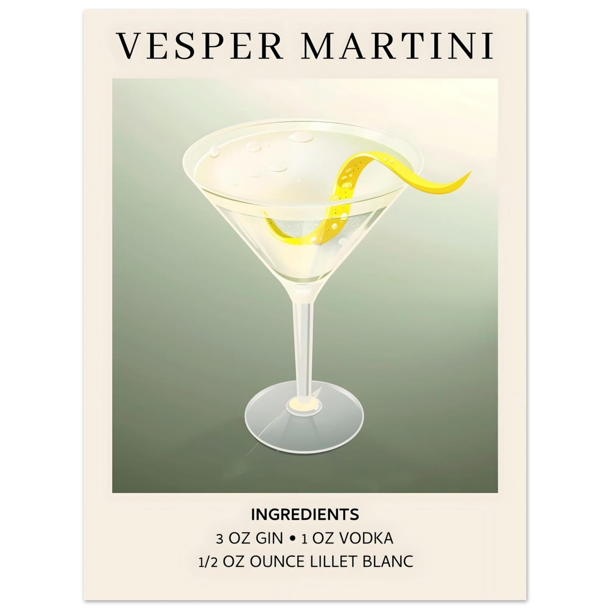 Artfulprints Poster Vesper Martini cocktail - Ingrediënten - 30x40 cm