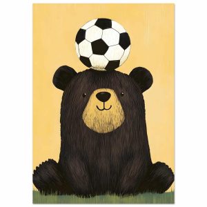 Artfulprints Poster Voetballende beer – A4 21×29.7 cm – Geel