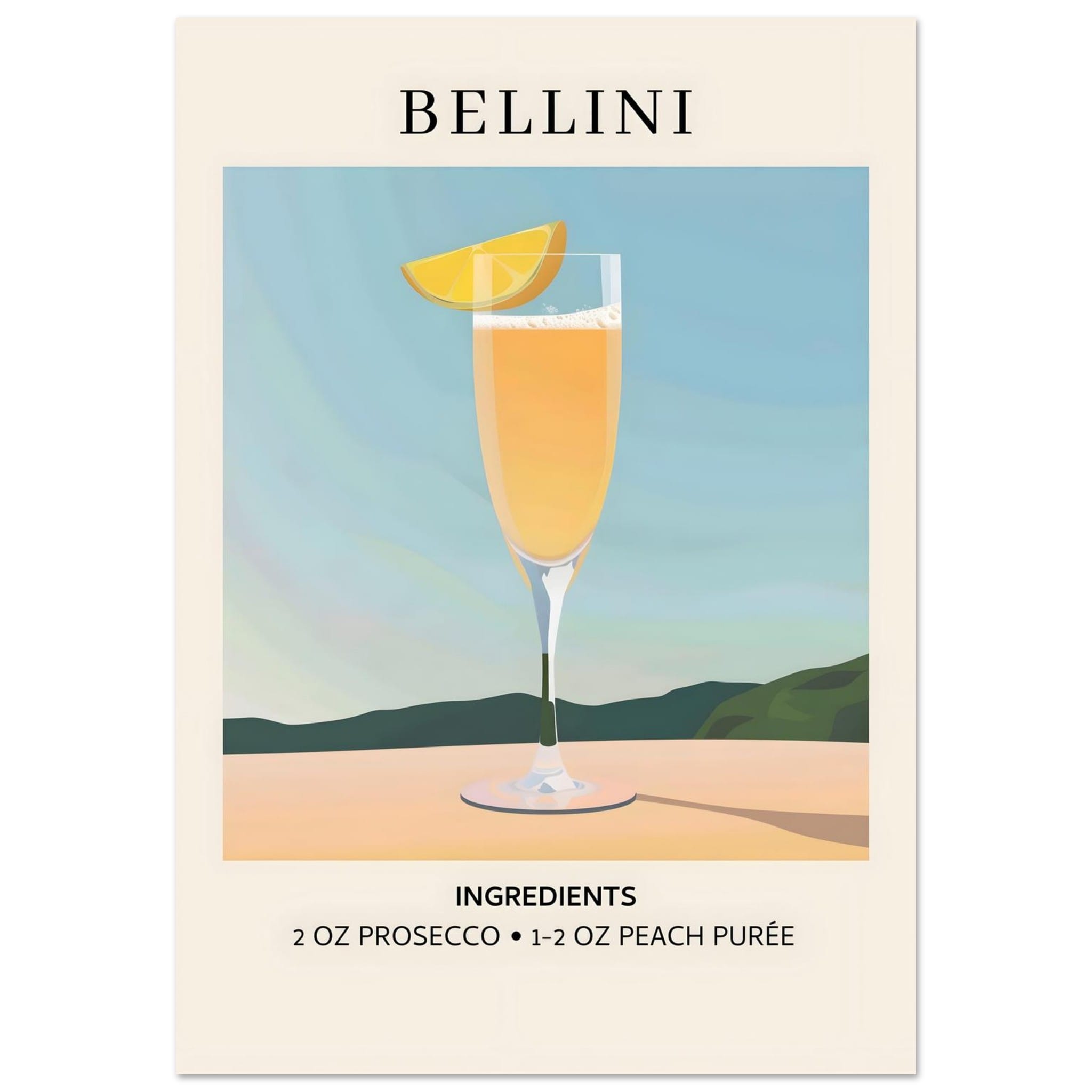 Artfulprints Poster Bellini cocktail - Ingrediënten - 70x100 cm - Geel