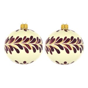 Dagmara kerstbal – glas – set van 2 – met donker violette takmotieven Dagmara kerstbal – glas – set van 2 – met donker violette takmotieven
