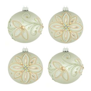 Dagmara kerstbal – zacht beige – glas – set van 4 – met verfijnde flor Dagmara kerstbal – zacht beige – glas – set van 4 – met verfijnde flor