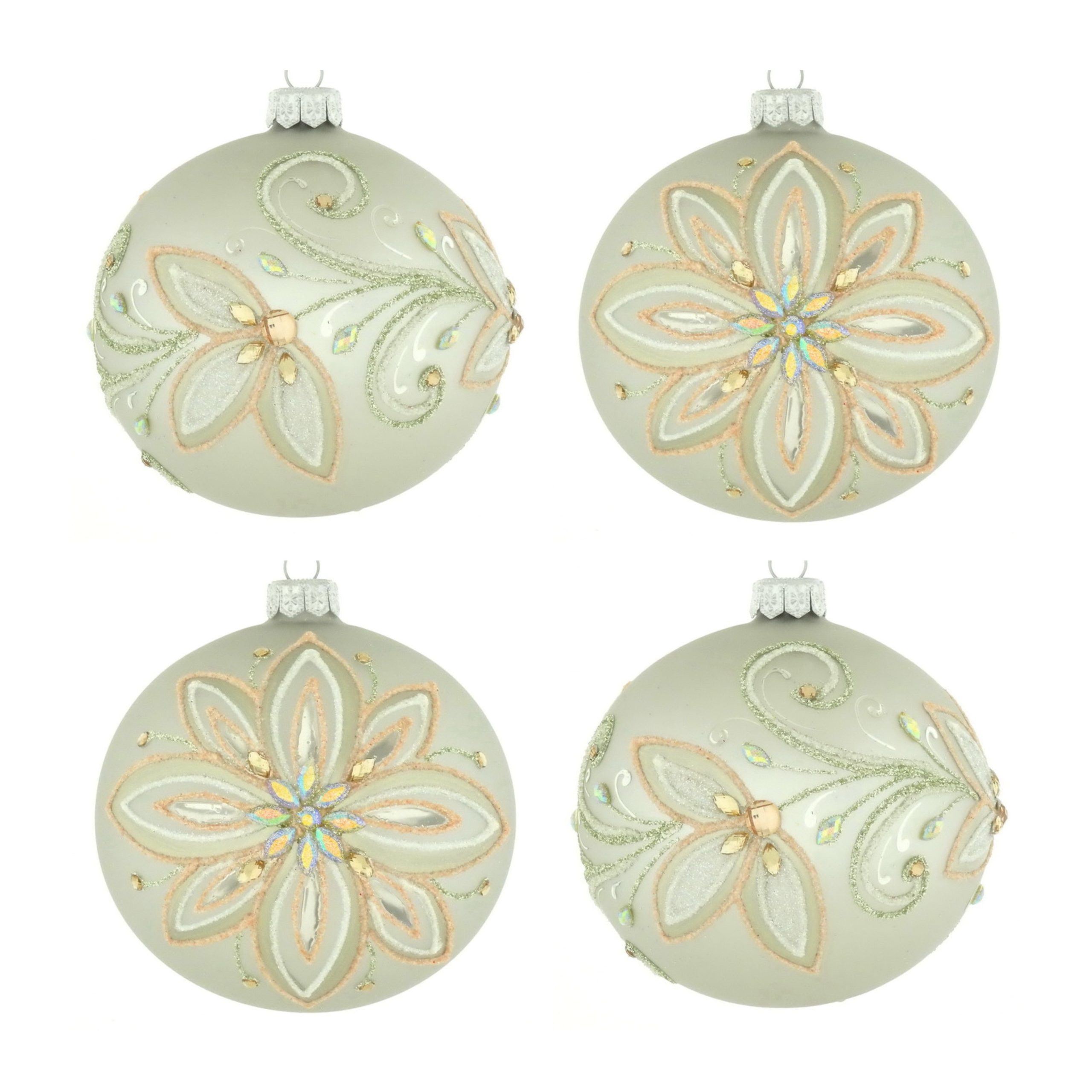 Dagmara kerstbal – zacht beige – glas – set van 4 – met verfijnde flor