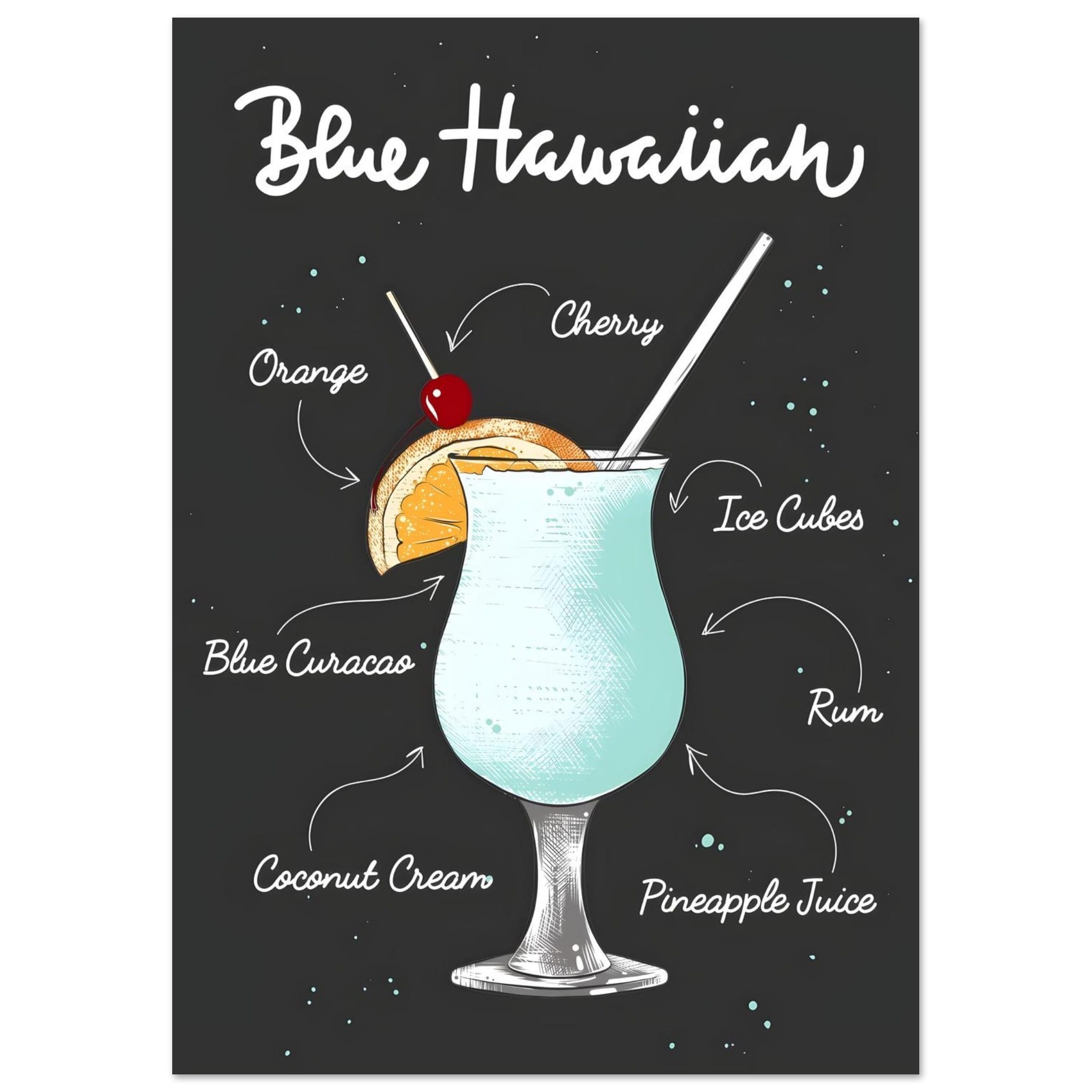 Artfulprints Blue Hawaiian cocktail – Illustratie poster A4 21x29.7 cm