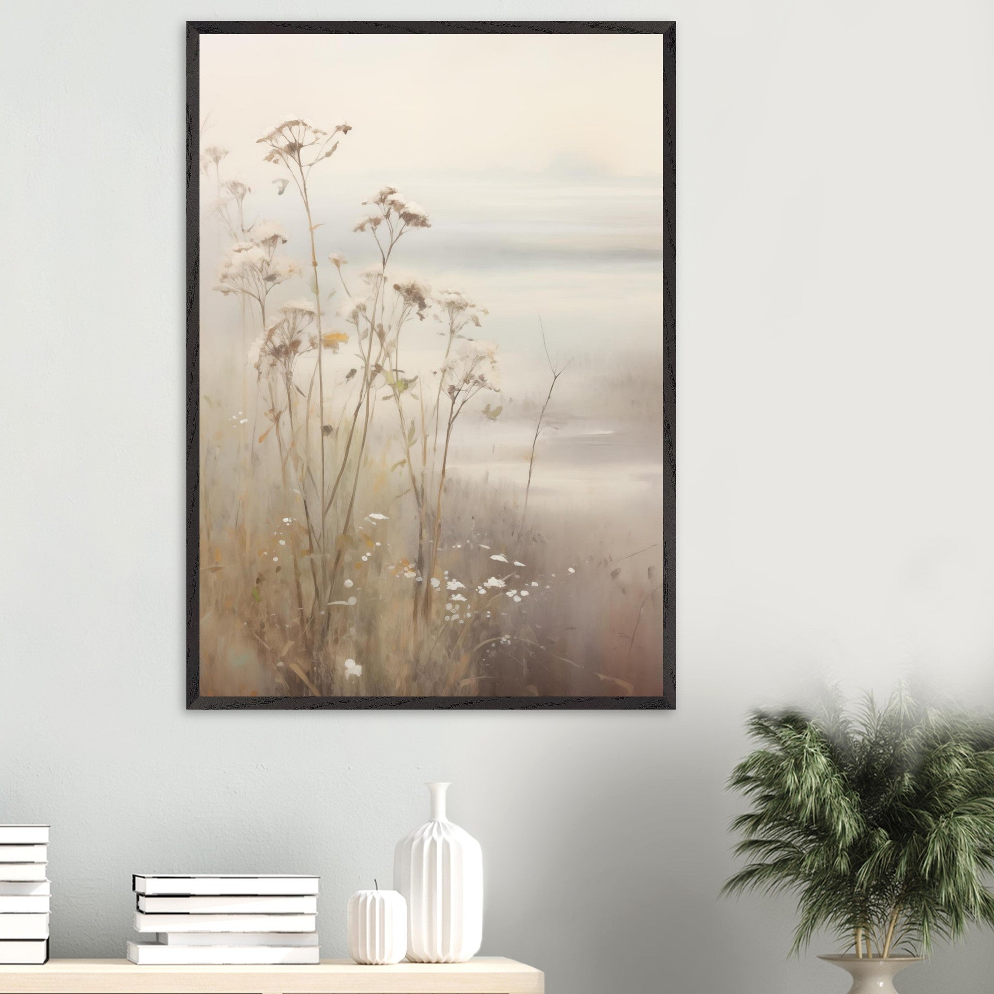 Artfulprints Poster Foggy flowerfield 2 - 70x100 cm - Taupe