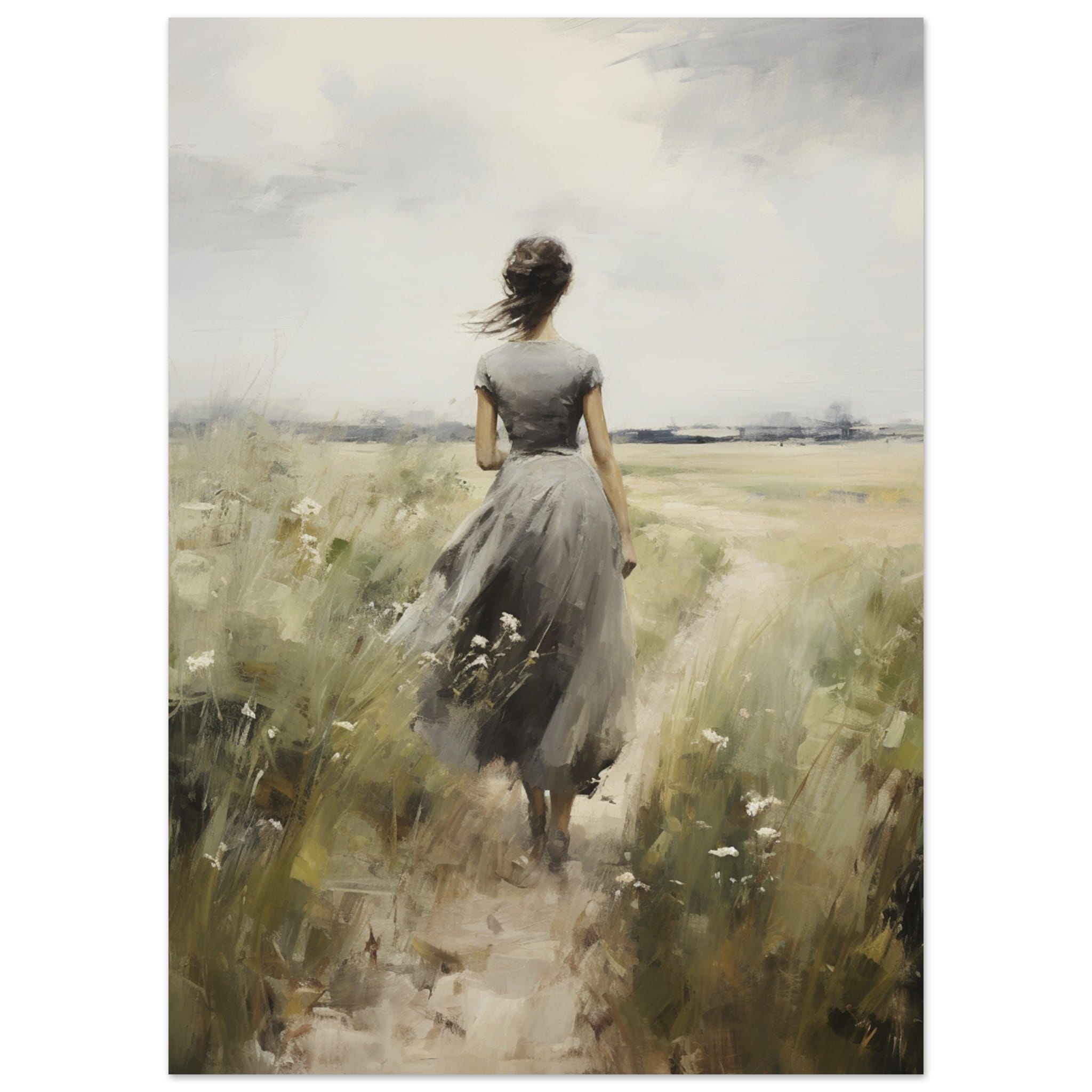Artfulprints Poster Woman in flowerfield - 50x70 cm - Groen