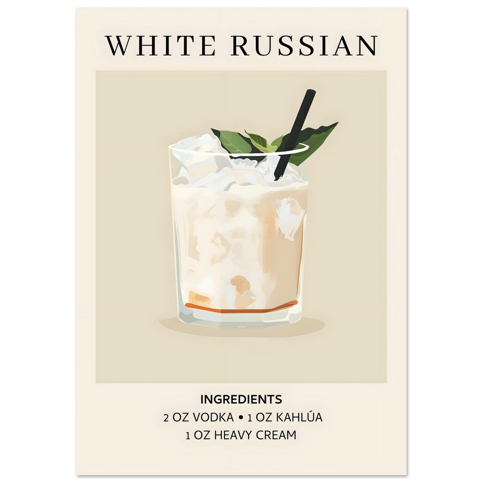 Artfulprints Poster White Russian cocktail - Ingrediënten - A4 21x29.7