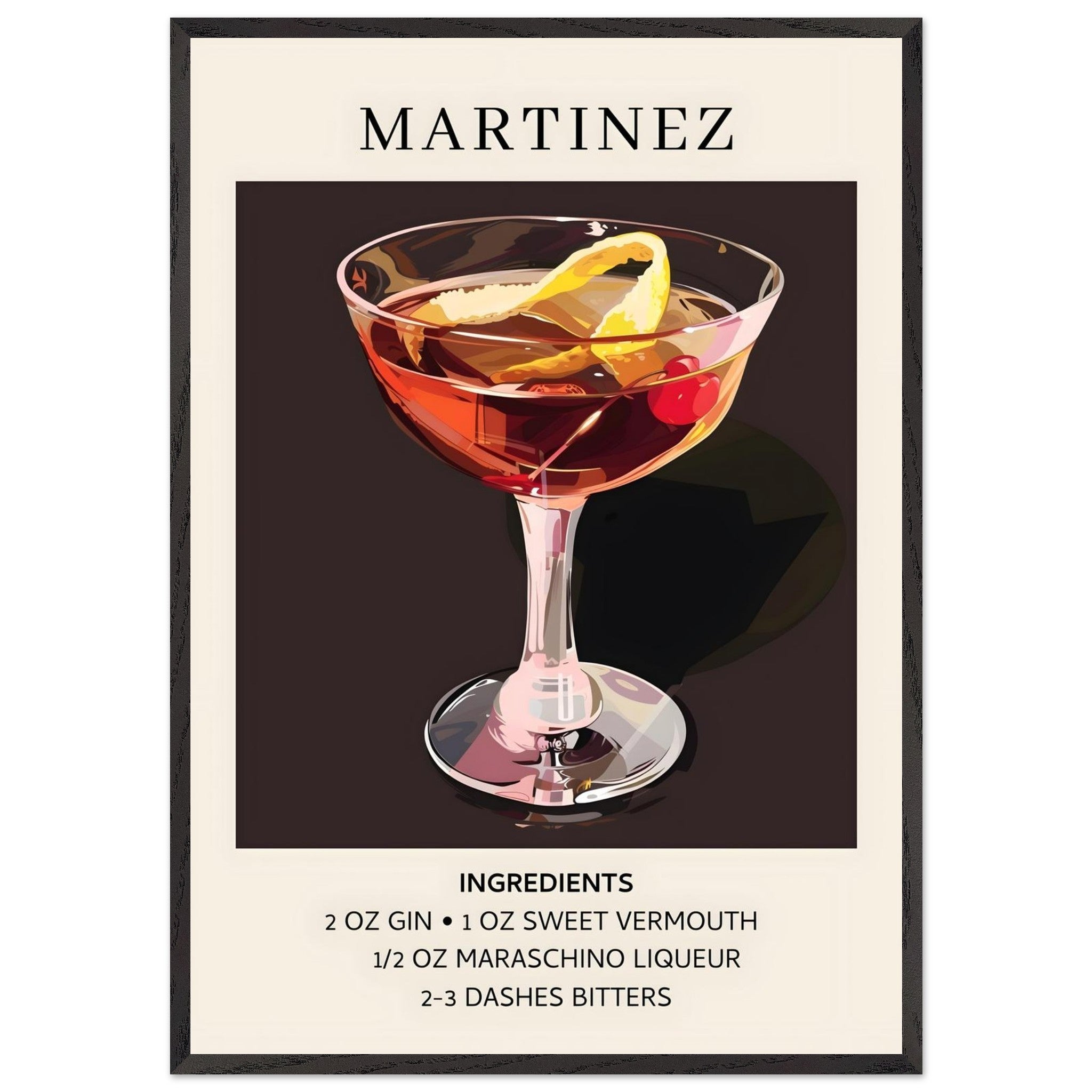 Artfulprints Poster met Lijst Martinez cocktail - Ingrediënten - 70x10