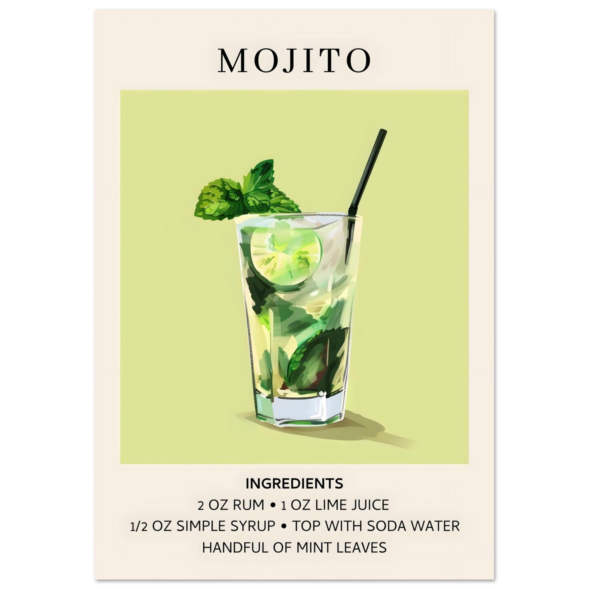 Artfulprints Poster Mojito cocktail - Ingrediënten - 70x100 cm - Groen