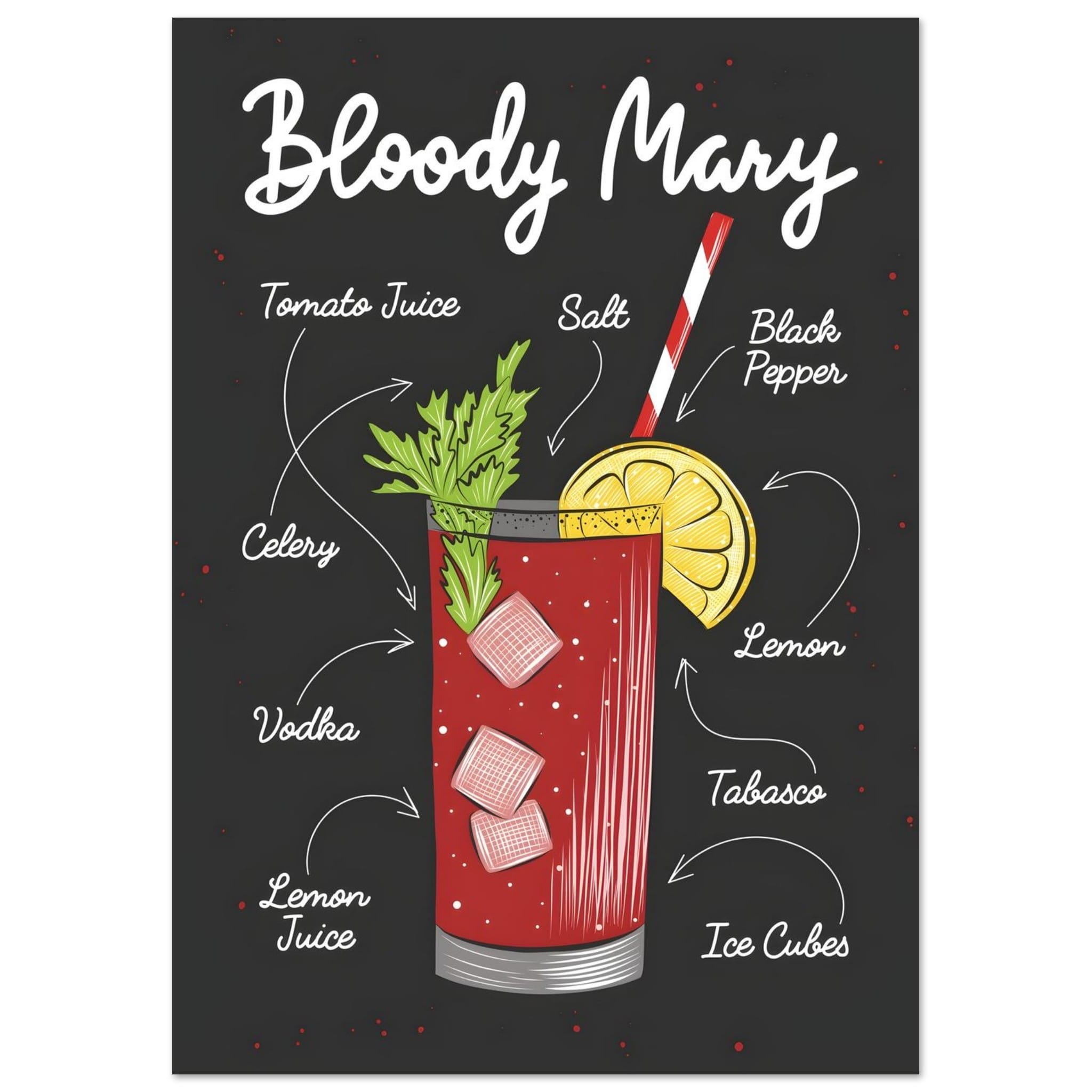 Artfulprints Bloody Mary cocktail – Illustratie poster A4 21x29.7 cm