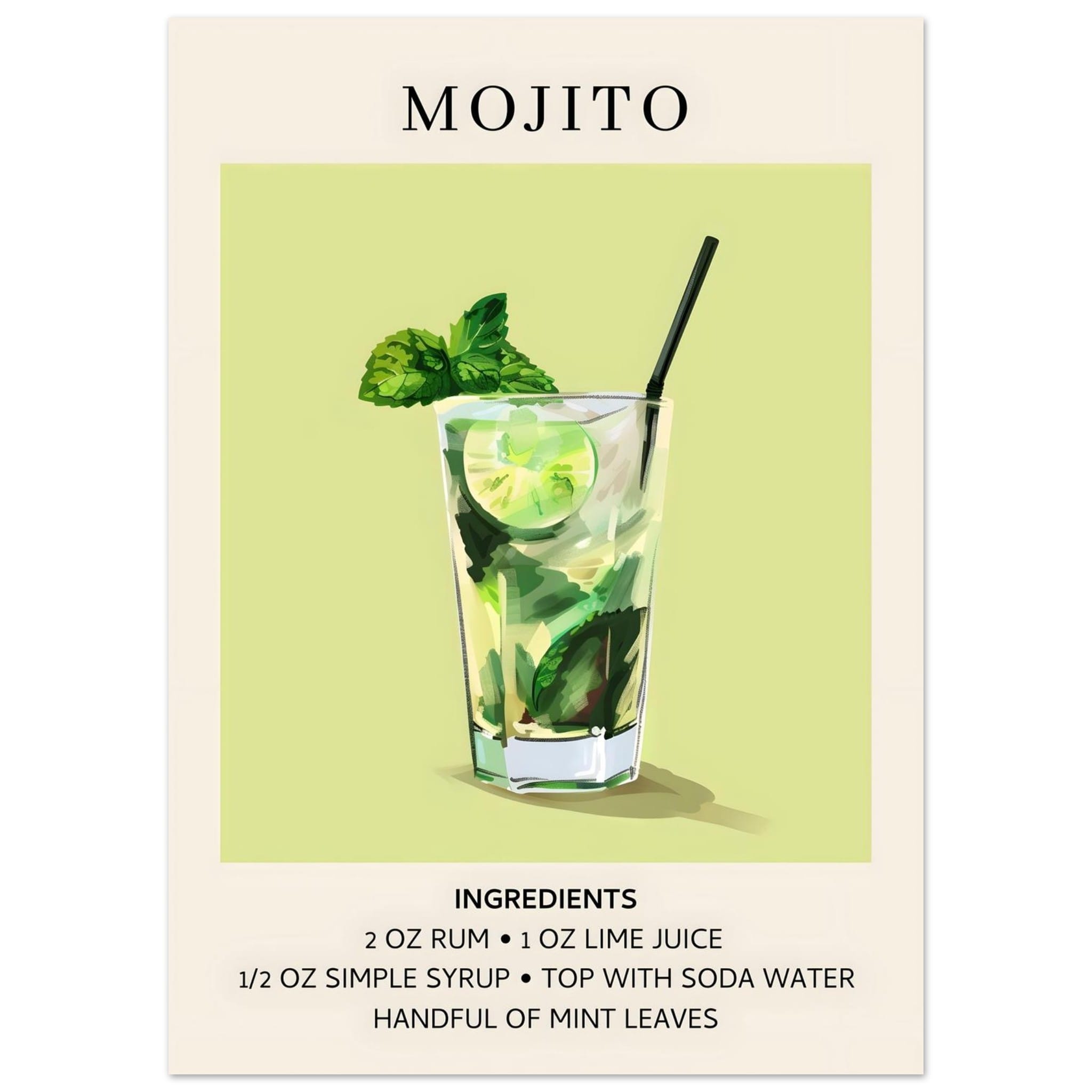 Artfulprints Poster Mojito cocktail - Ingrediënten - 50x70 cm - Groen
