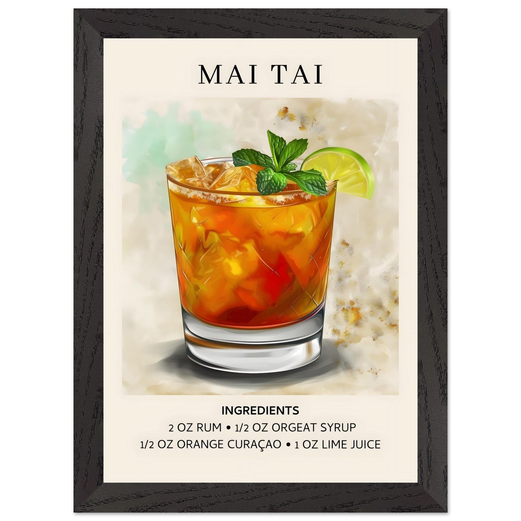 Artfulprints Poster met Lijst Mai Tai Cocktail - Ingrediënten - A4 21x