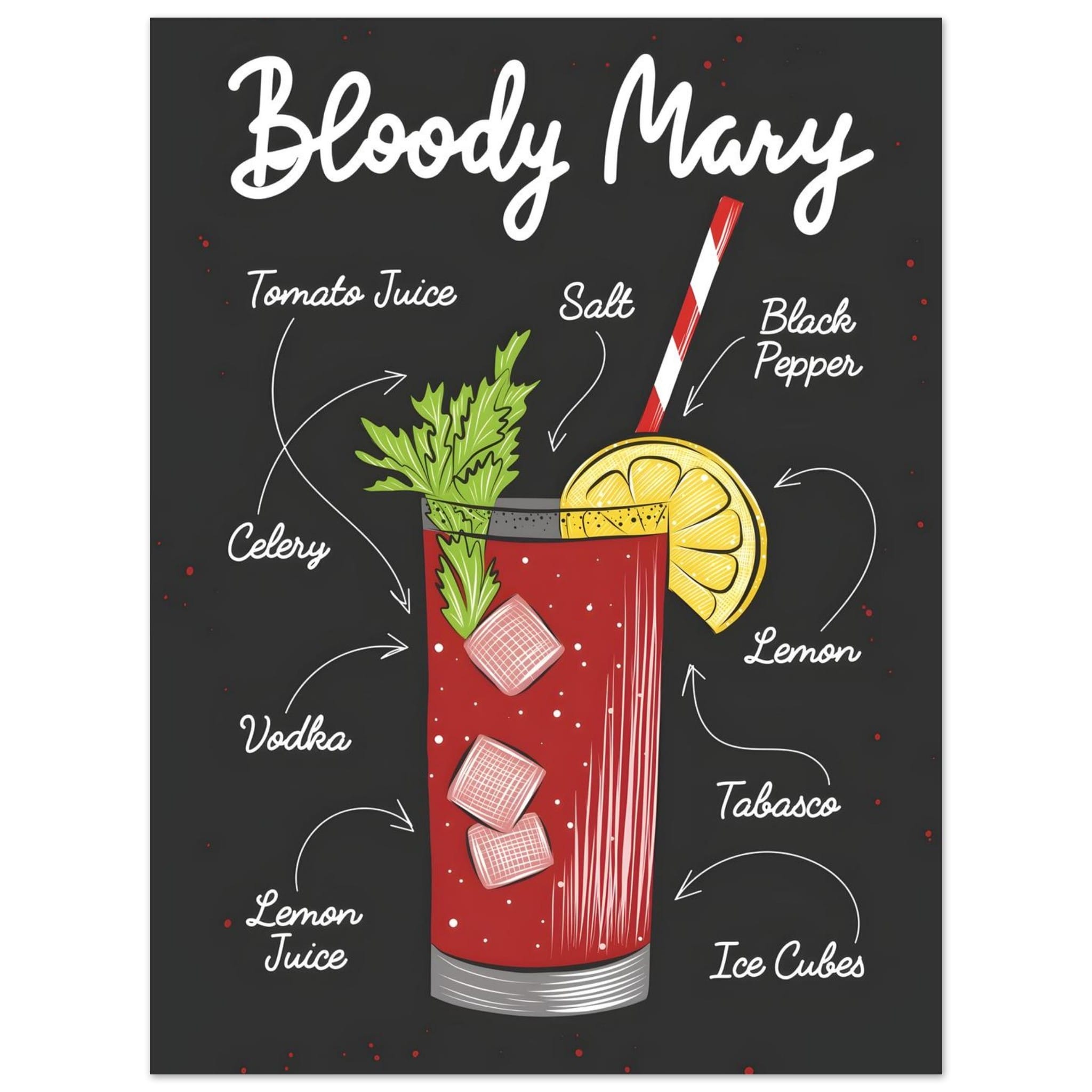 Artfulprints Bloody Mary cocktail – Illustratie poster 30x40 cm
