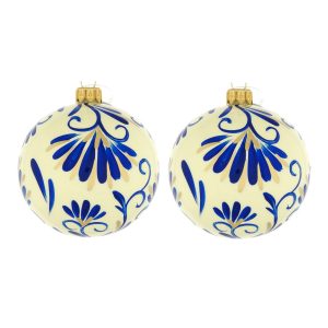 Dagmara kerstbal – glas – set van 2 – met saffierblauwe florale motiev Dagmara kerstbal – glas – set van 2 – met saffierblauwe florale motiev