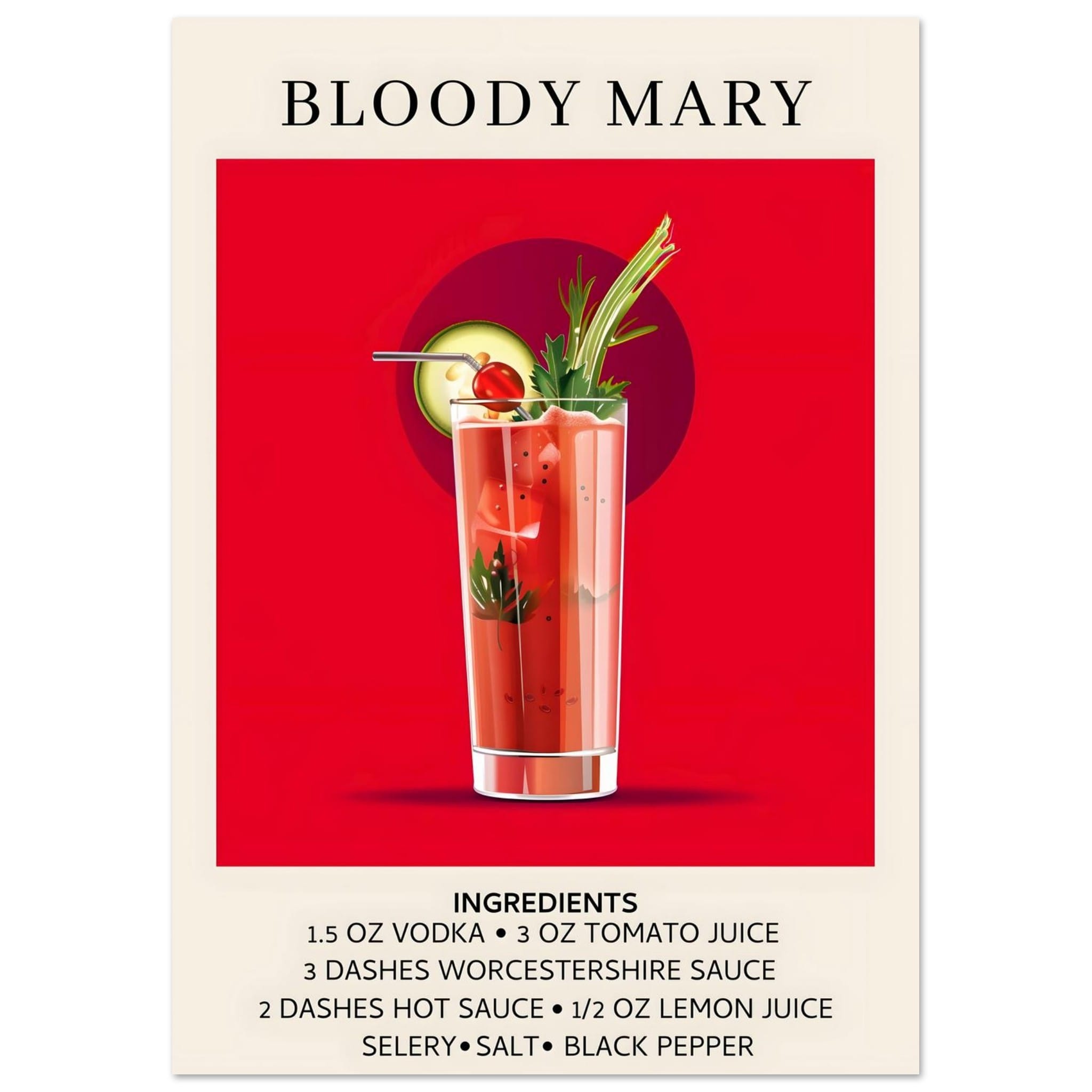 Artfulprints Poster Bloody Mary cocktail - Ingrediënten - A4 21x29.7 c