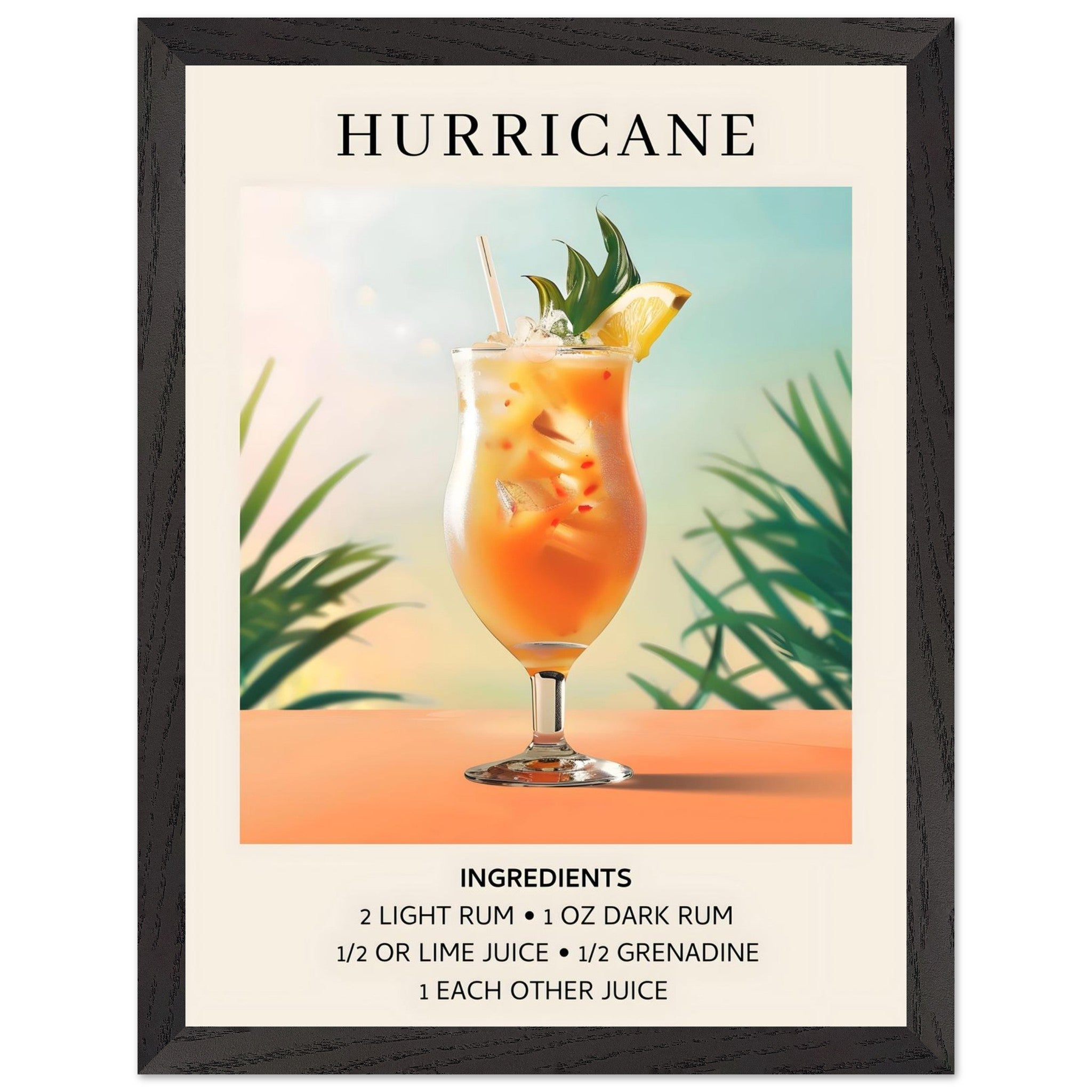 Artfulprints Poster met Lijst Hurricane cocktail - Ingrediënten - 30x4