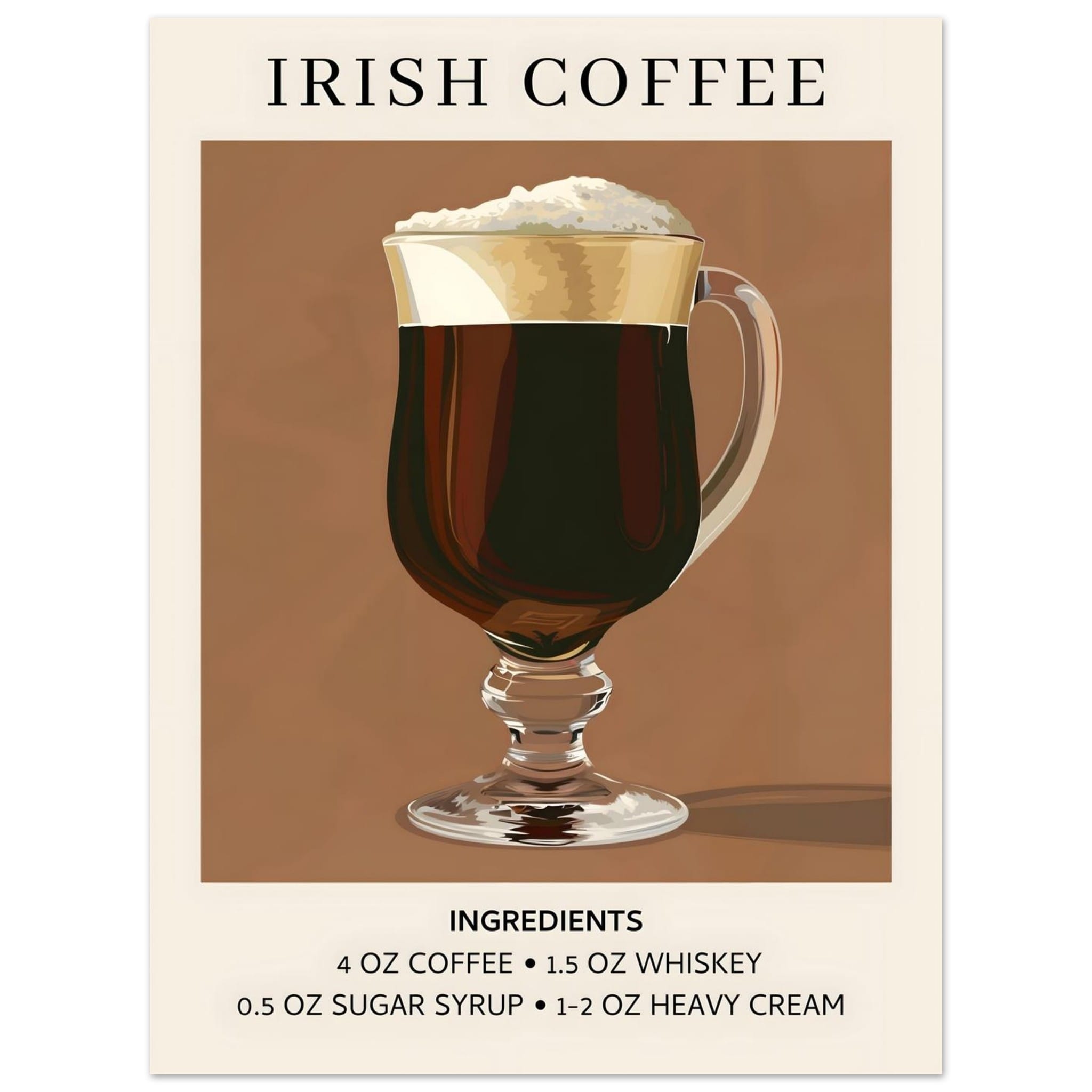 Artfulprints Poster Irish Coffee - Ingrediënten - 30x40 cm - Bruin